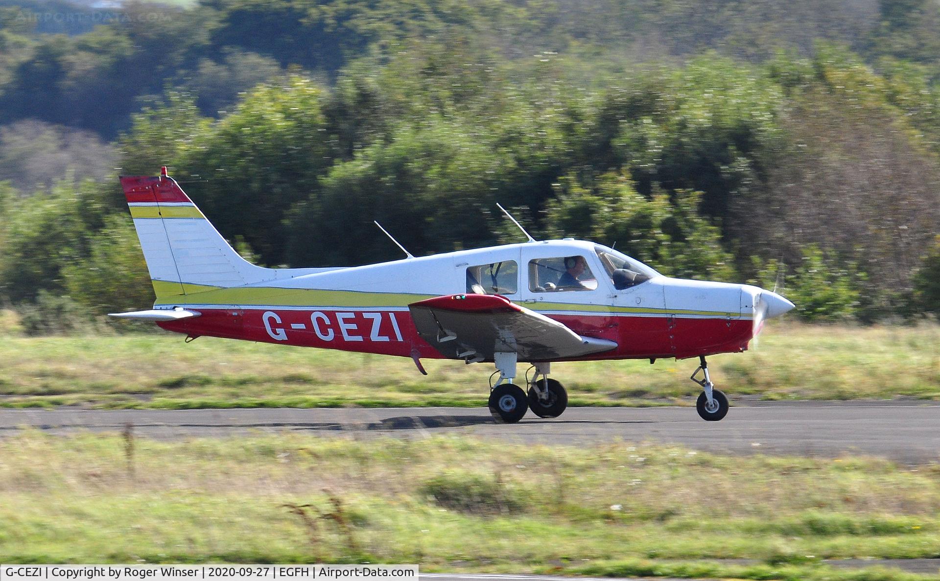G-CEZI, 1989 Piper PA-28-161 Cadet C/N 2841228, Visiting Piper Cadet departing Runway 28 for a cross country flight.
