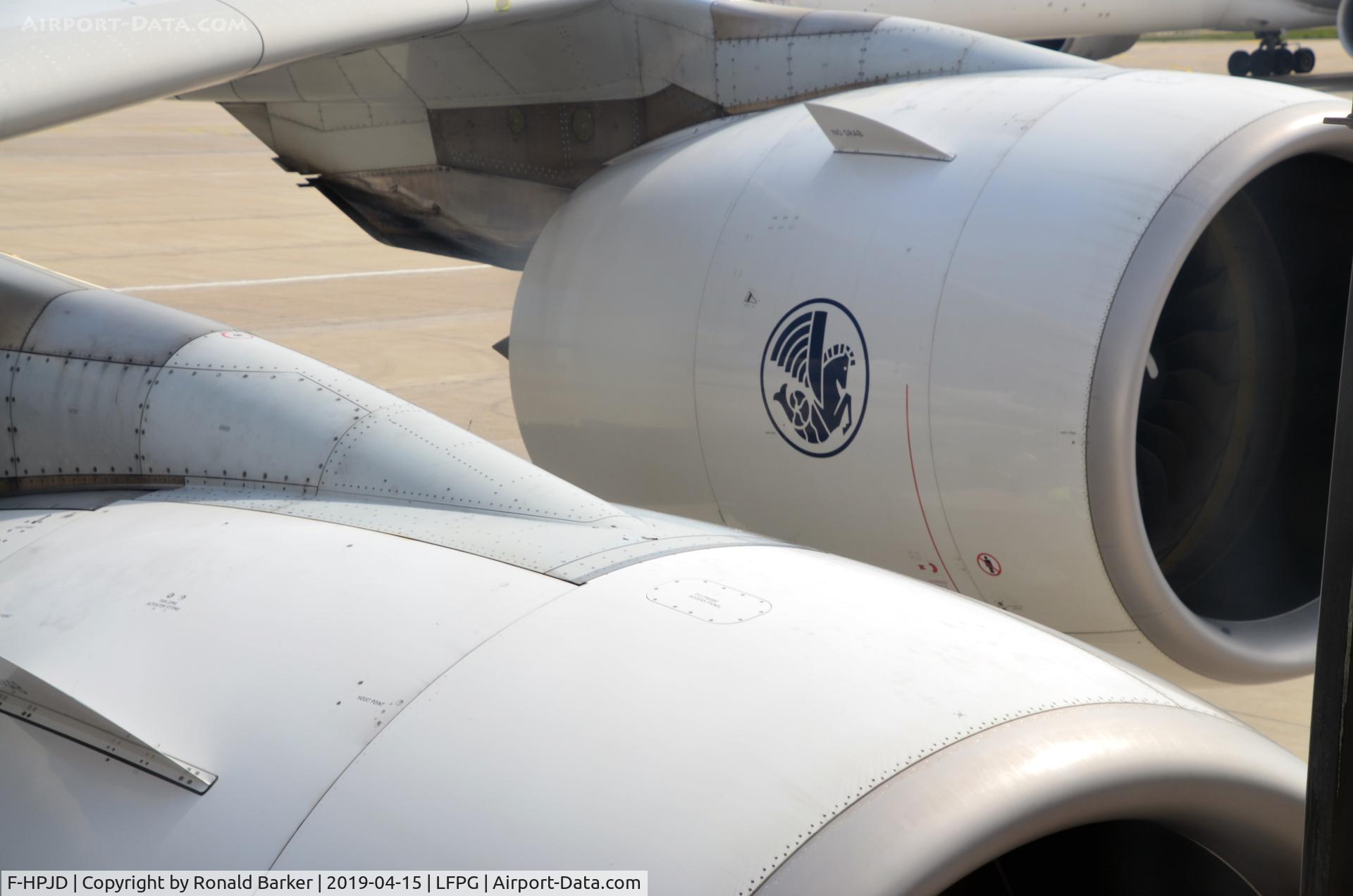 F-HPJD, 2010 Airbus A380-861 C/N 049, Engines number one and two.  At the gate Charles de Gaulle
