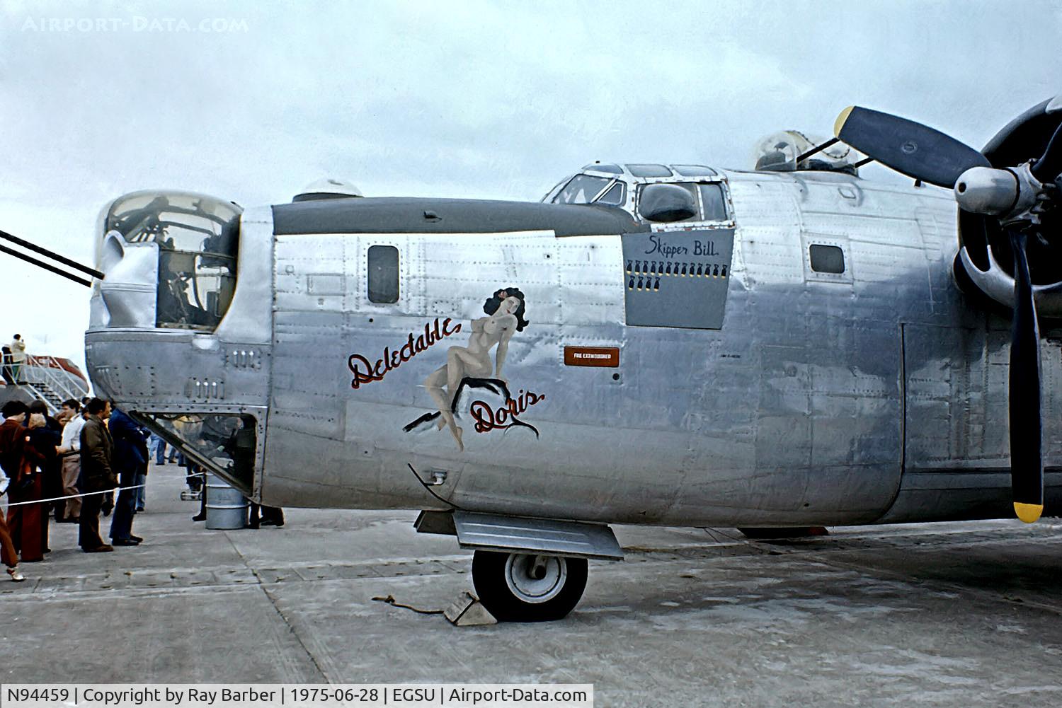 N94459, 1944 Consolidated B-24J Liberator C/N 1567, N94459   (250551) Consolidated-Fort Worth B-24J Liberator [1567] (Ex United States Air Force / Military Aircraft Restoration Group) Duxford~G 28/06/1975. A close up of the earlier art work.