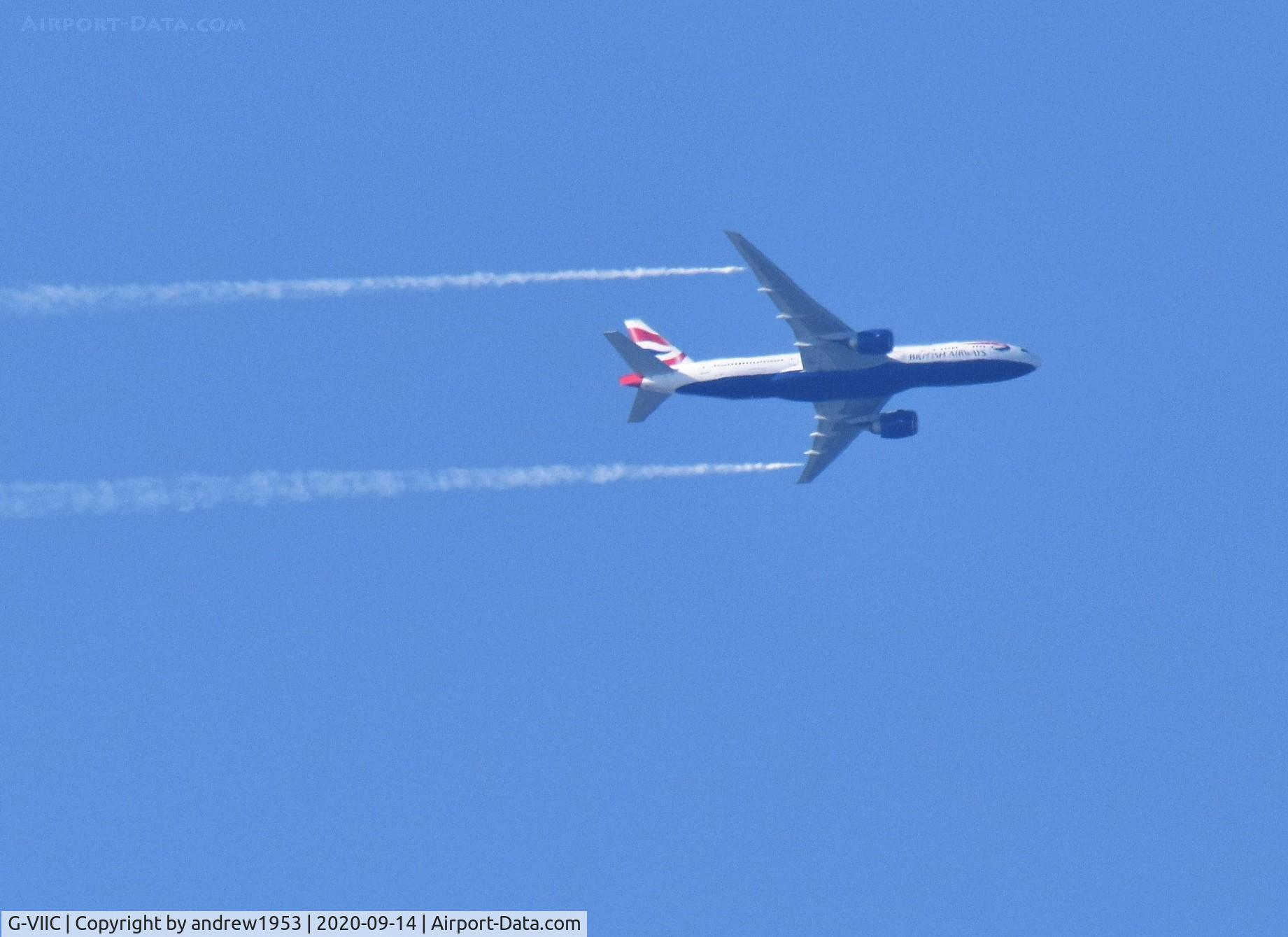 G-VIIC, 1997 Boeing 777-236 C/N 27485, G-VIIC over the Bristol Channel dumping fuel before returning to London Heathrow with a technical problem.