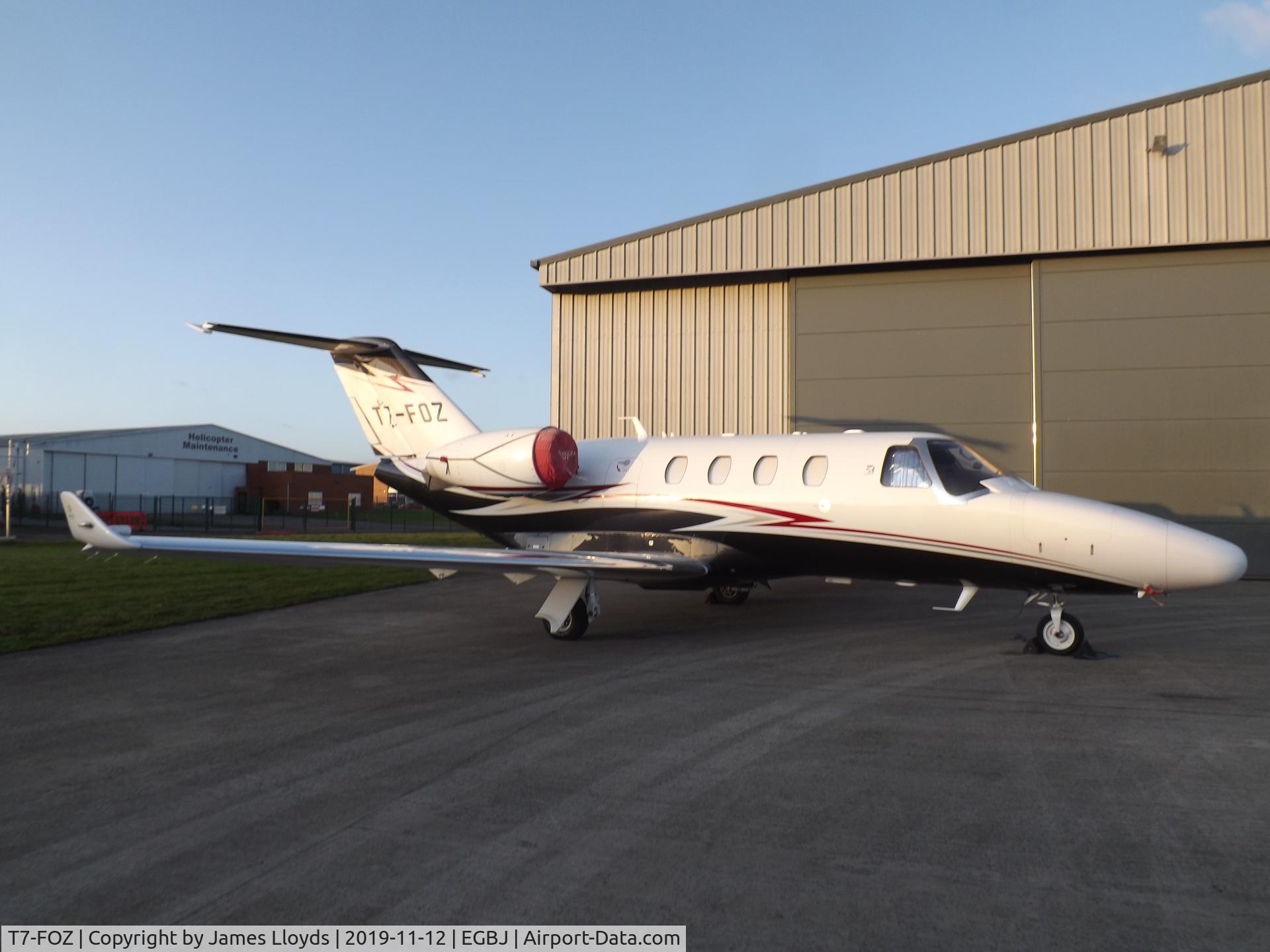 T7-FOZ, 2014 Cessna 525 Citation M2 C/N 525-0851, Parked up at Gloucestershire Airport after night stopping.
