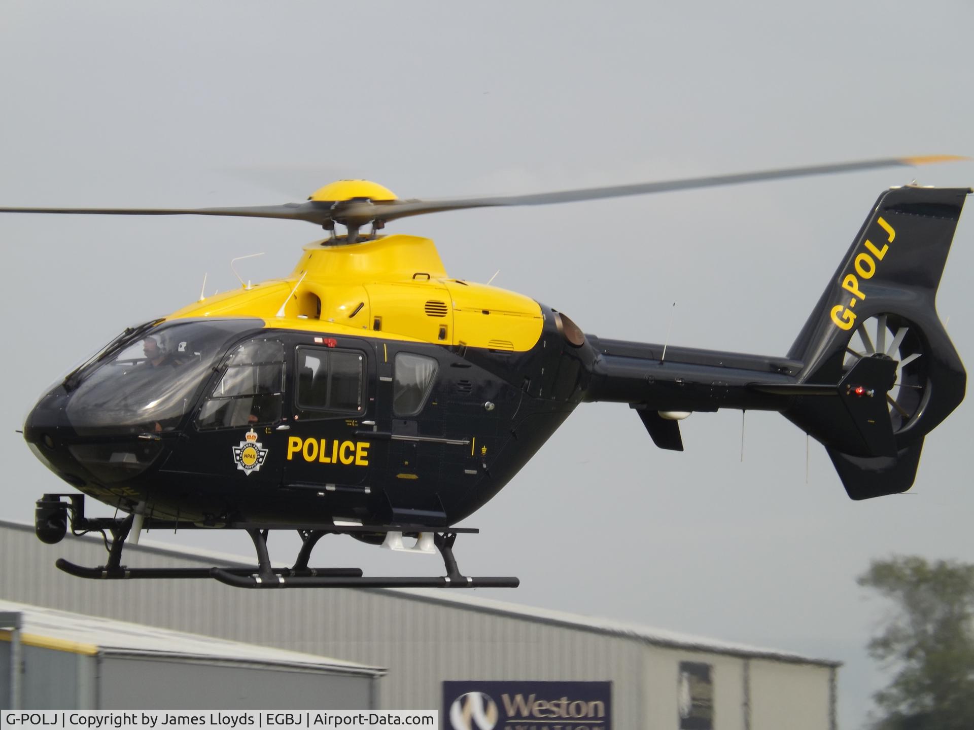 G-POLJ, 2004 Eurocopter EC-135T-2 C/N 0333, Leaving Gloucestershire Airport after being upgraded.