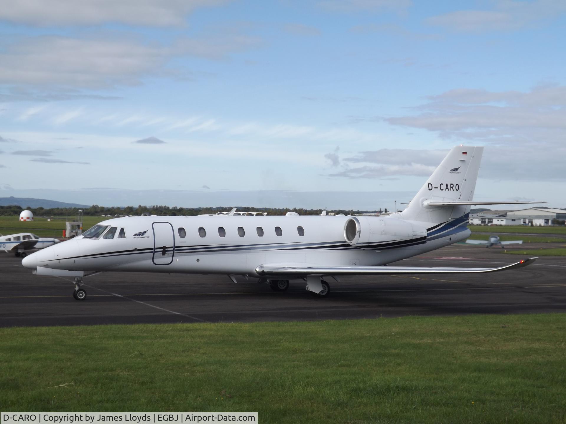 D-CARO, 2013 Cessna 680 Citation Sovereign C/N 680-0514, Taxing in at Gloucestershire Airport to Night Stop.