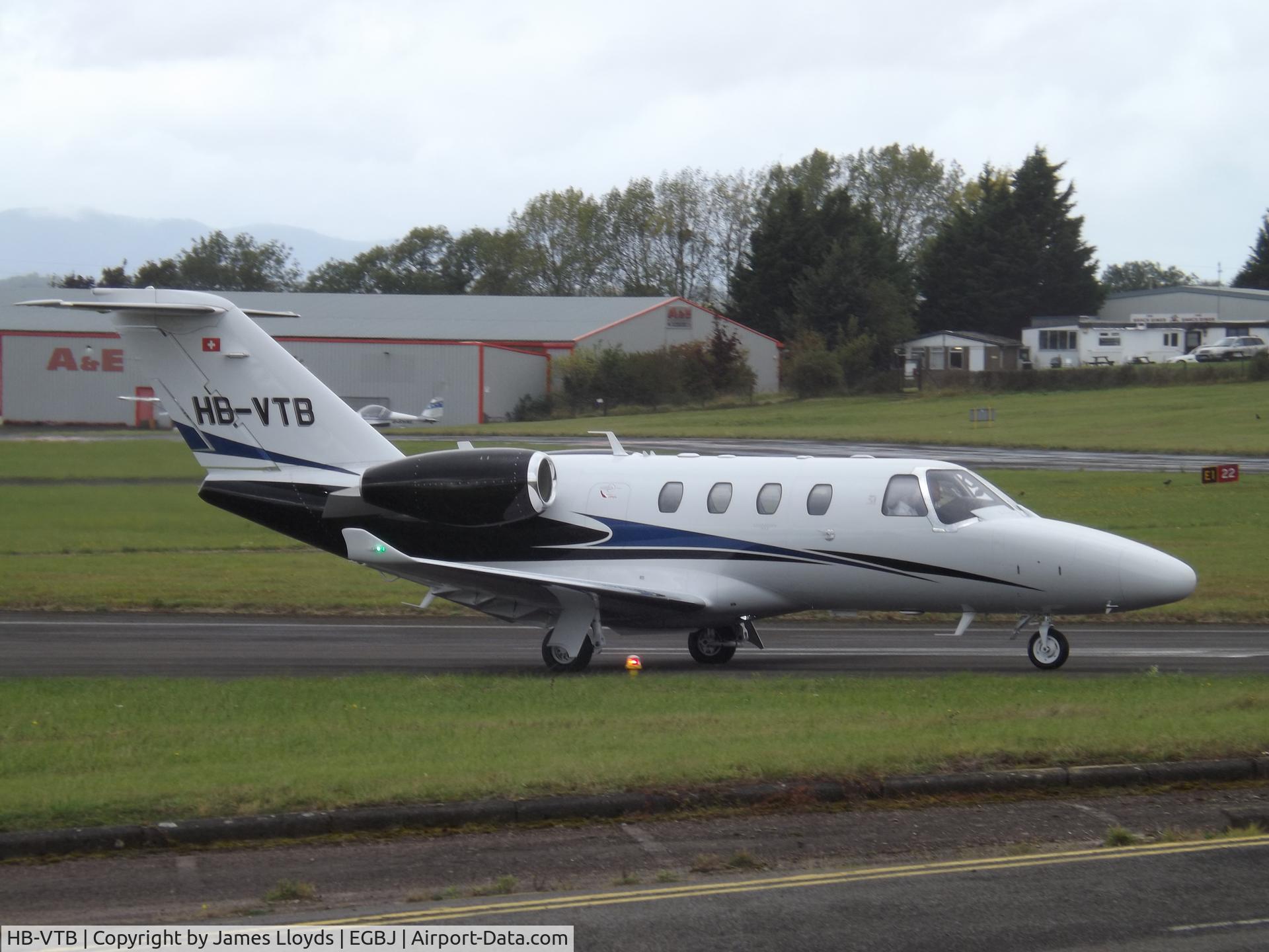 HB-VTB, 2016 Cessna 525 Citation M2 C/N 525-0947, Back tracking RW 27 at Gloucestershire Airport.