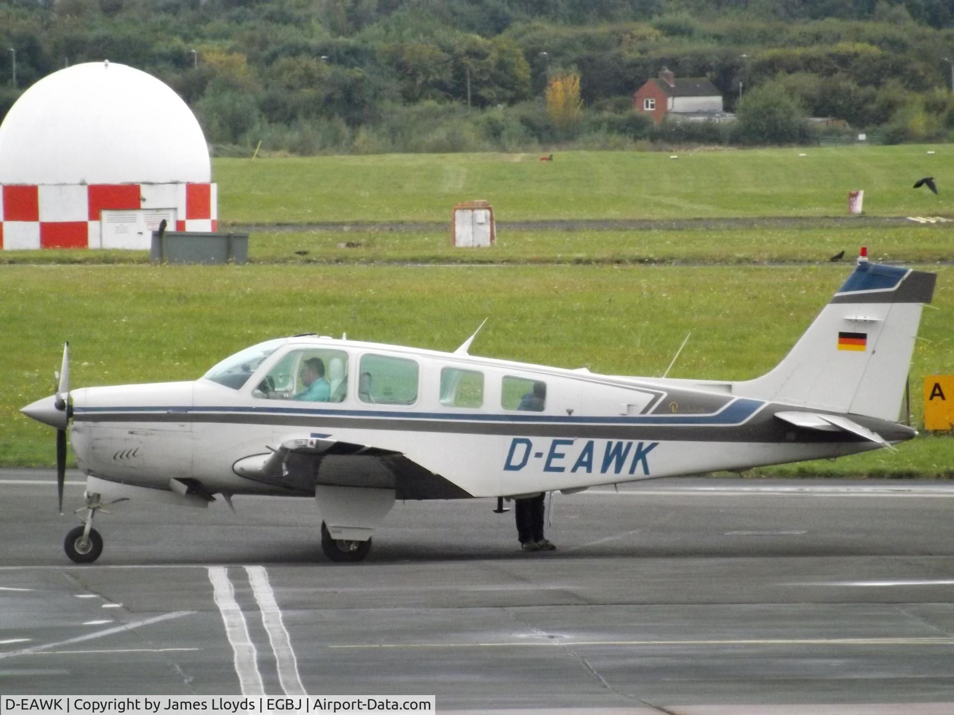 D-EAWK, Beech A36 Bonanza 36 C/N E2174, Parked up at the fuel pumps at Gloucestershire Airport.