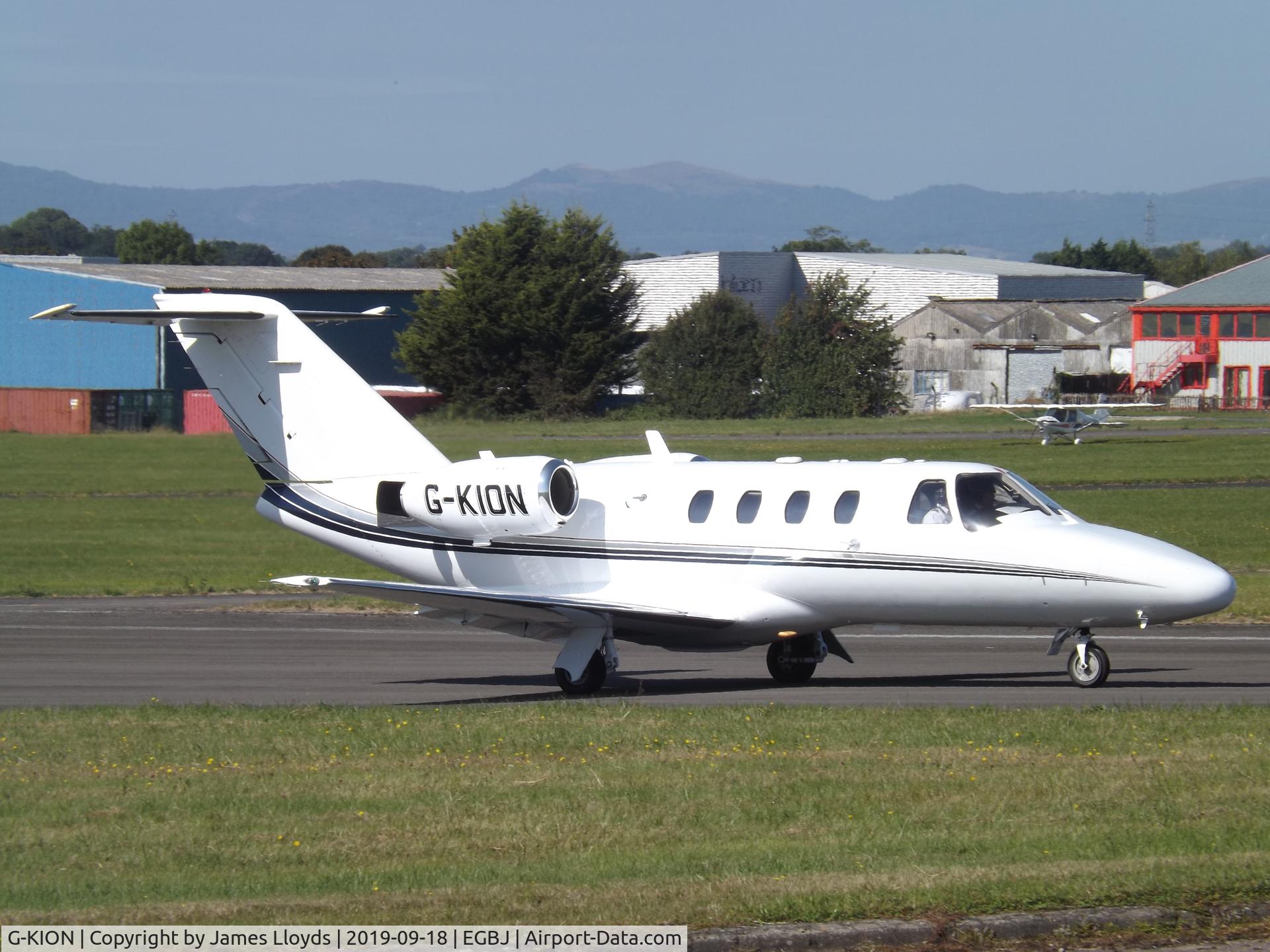 G-KION, 1998 Cessna 525 CitationJet CJ1 C/N 525-0292, Back Tracking RW 27 at Gloucestershire Airport.
