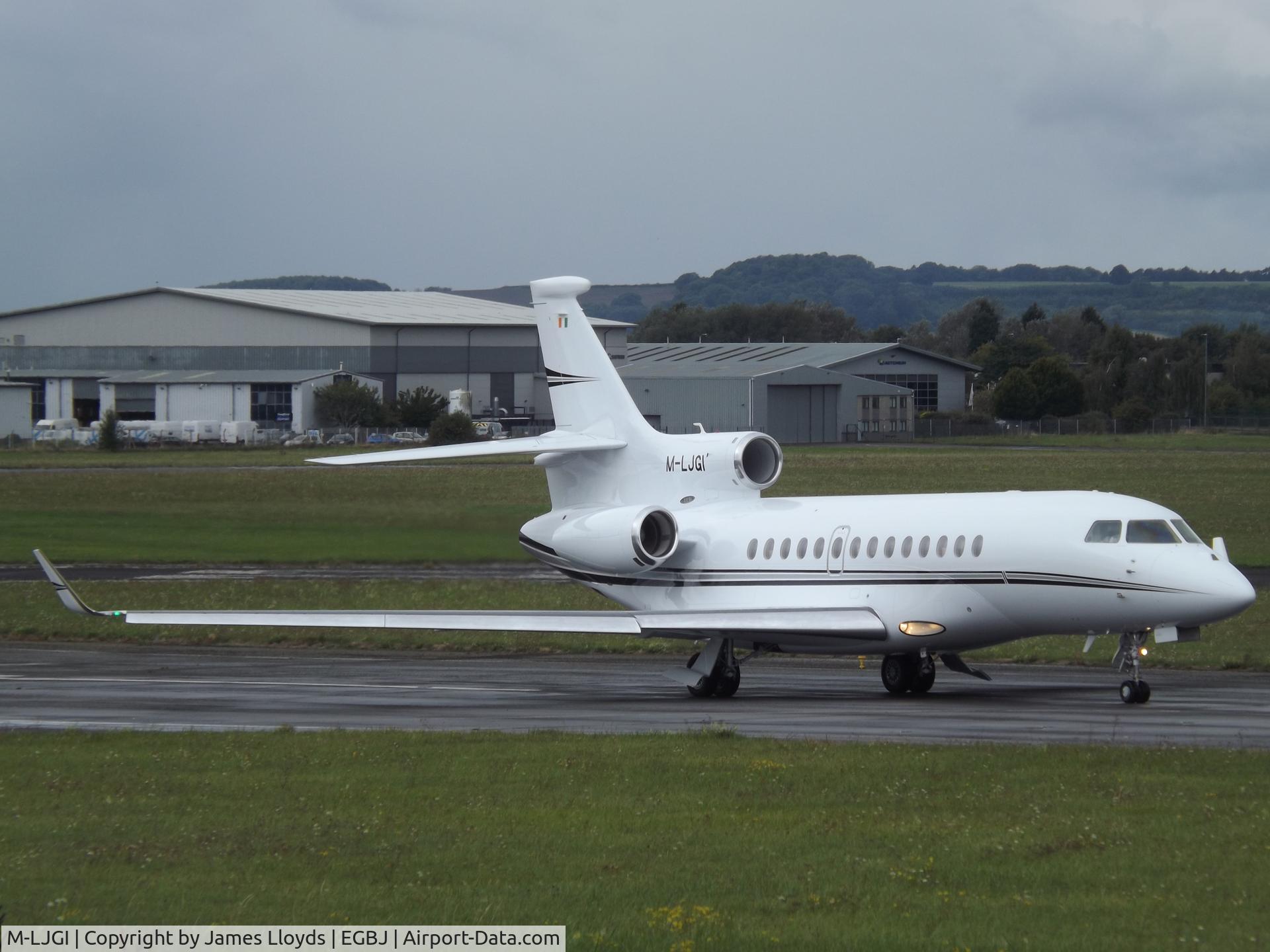 M-LJGI, 2007 Dassault Falcon 2000EX C/N 143, Back tracking RW 27 at Gloucestershire Airport.