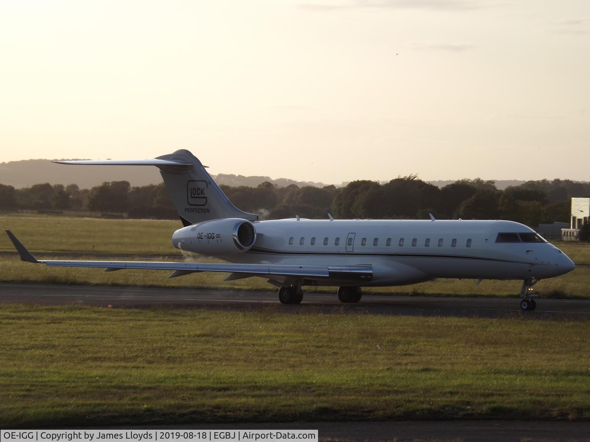 OE-IGG, 2007 Bombardier BD-700-1A10 Global Express XRS C/N 9251, Back tracking RW 27 at Gloucestershire Airport.