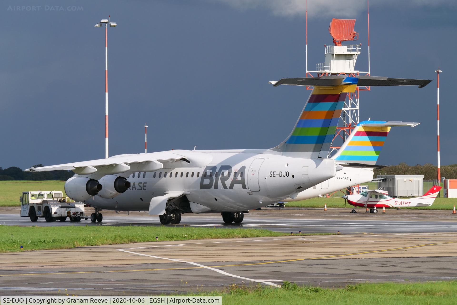 SE-DJO, 1992 British Aerospace BAe.146-200 C/N E2226, Under tow at Norwich.