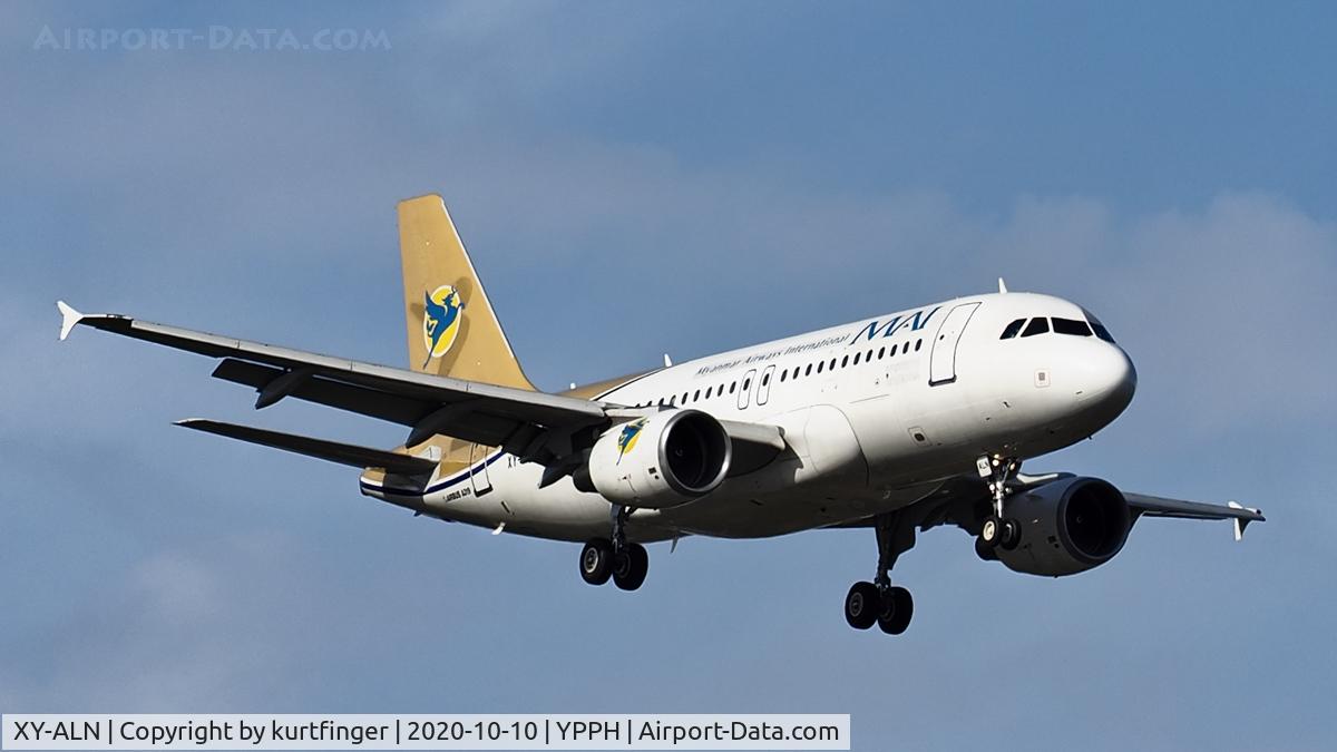 XY-ALN, 2005 Airbus A319-111 C/N 2446, Airbus A319-100 cn 2446. Myanmar Airways International rwy 21 YPPH. Second repatriation flight to YPPH 10 October 2020.