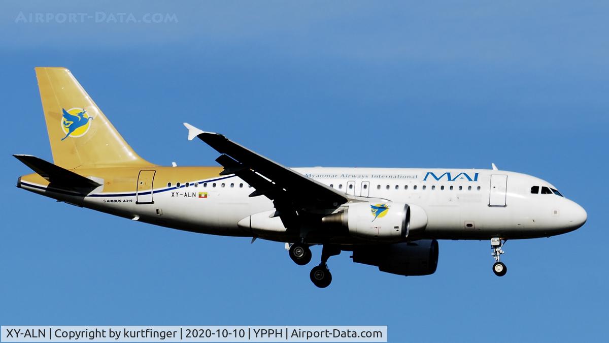 XY-ALN, 2005 Airbus A319-111 C/N 2446, Airbus A319-100 cn 2446. Myanmar Airways International rwy 21 YPPH. Second repatriation flight to YPPH 10 October 2020.