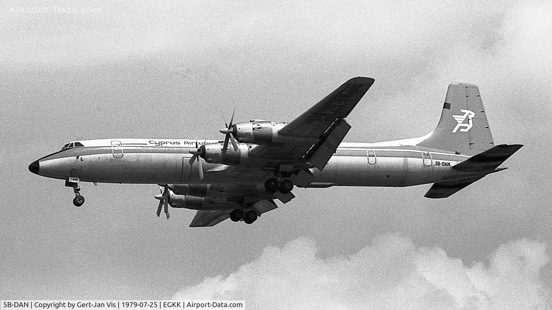 5B-DAN, 1962 Canadair CL-44D4-1 C/N 30, About to land at Gatwick