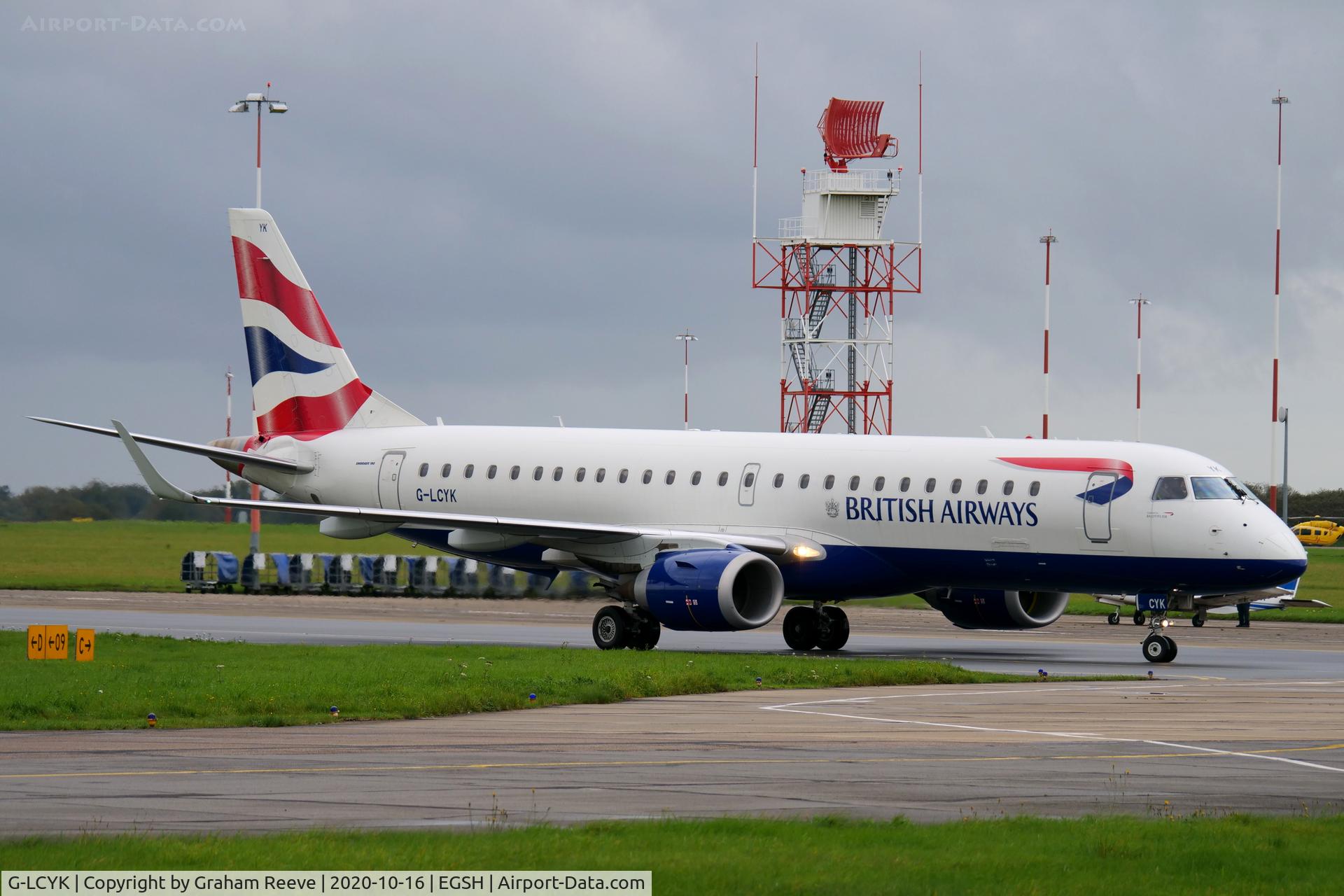 G-LCYK, 2010 Embraer 190SR (ERJ-190-100SR) C/N 19000343, Just landed at Norwich.
