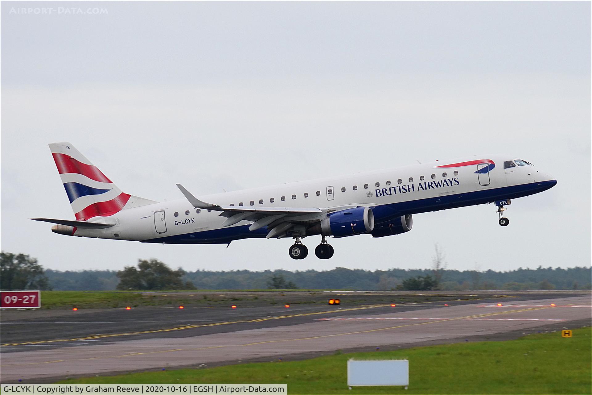 G-LCYK, 2010 Embraer 190SR (ERJ-190-100SR) C/N 19000343, Landing at Norwich.