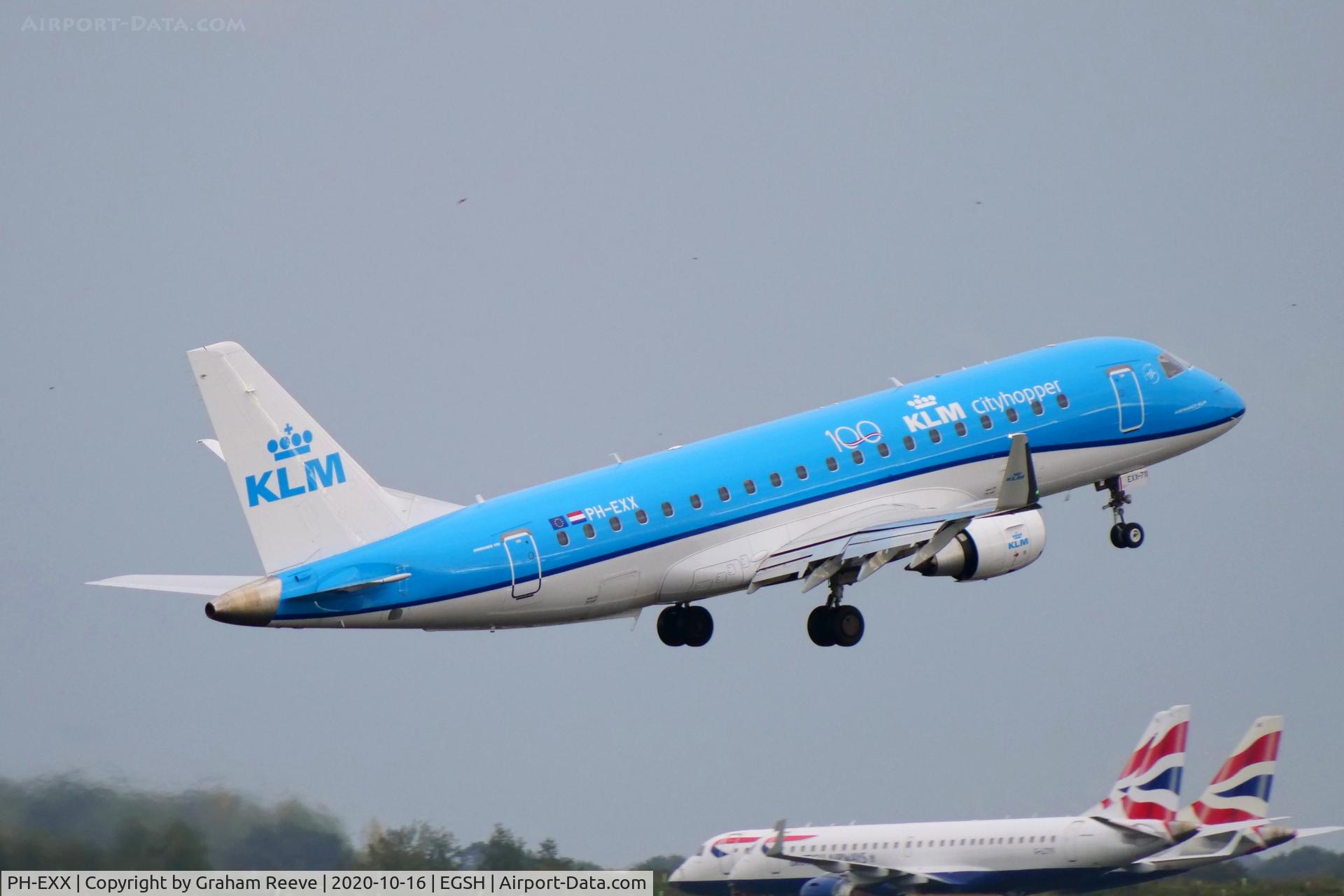 PH-EXX, 2018 Embraer 175STD (ERJ-170-200) C/N 17000711, Departing from Norwich.