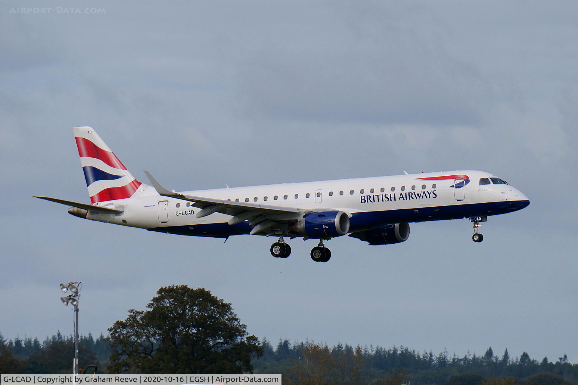 G-LCAD, 2012 Embraer ERJ 190-100LR C/N 19000535, Landing at Norwich.