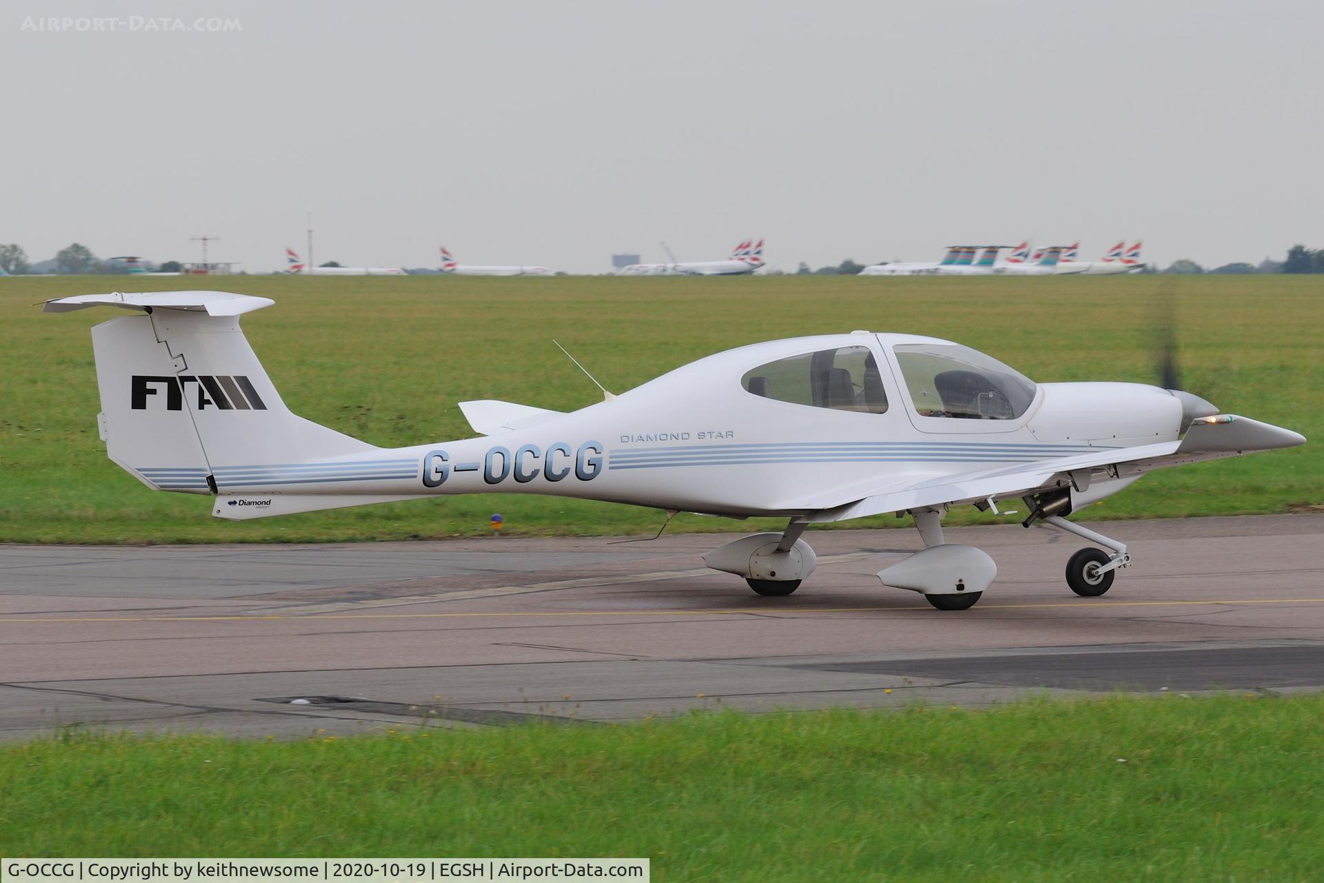 G-OCCG, 2006 Diamond DA-40D Diamond Star C/N D4.230, Leaving Norwich for Lydd, with added fin logo.