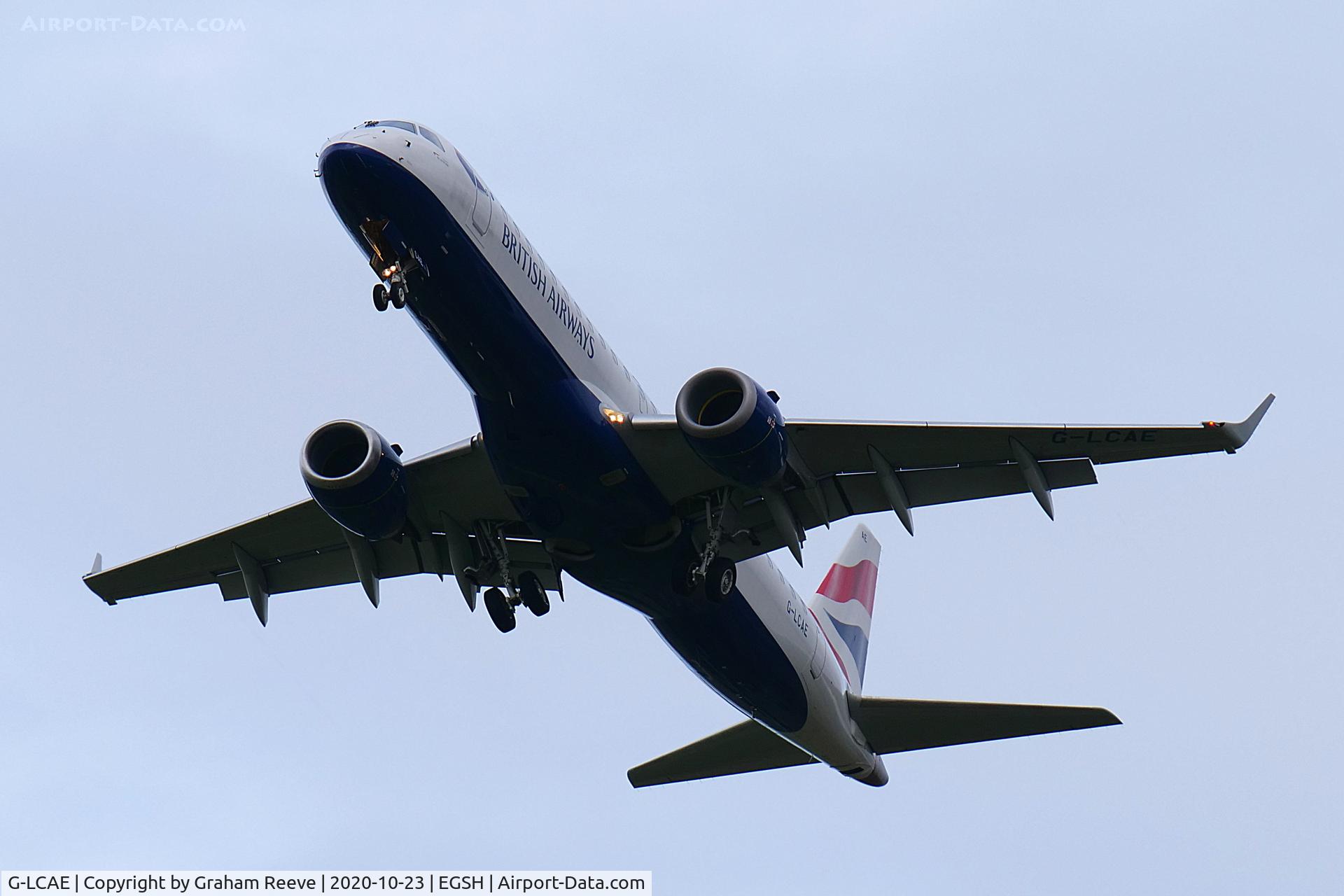 G-LCAE, 2012 Embraer ERJ 190-100LR C/N 19000539, Over head at Norwich.