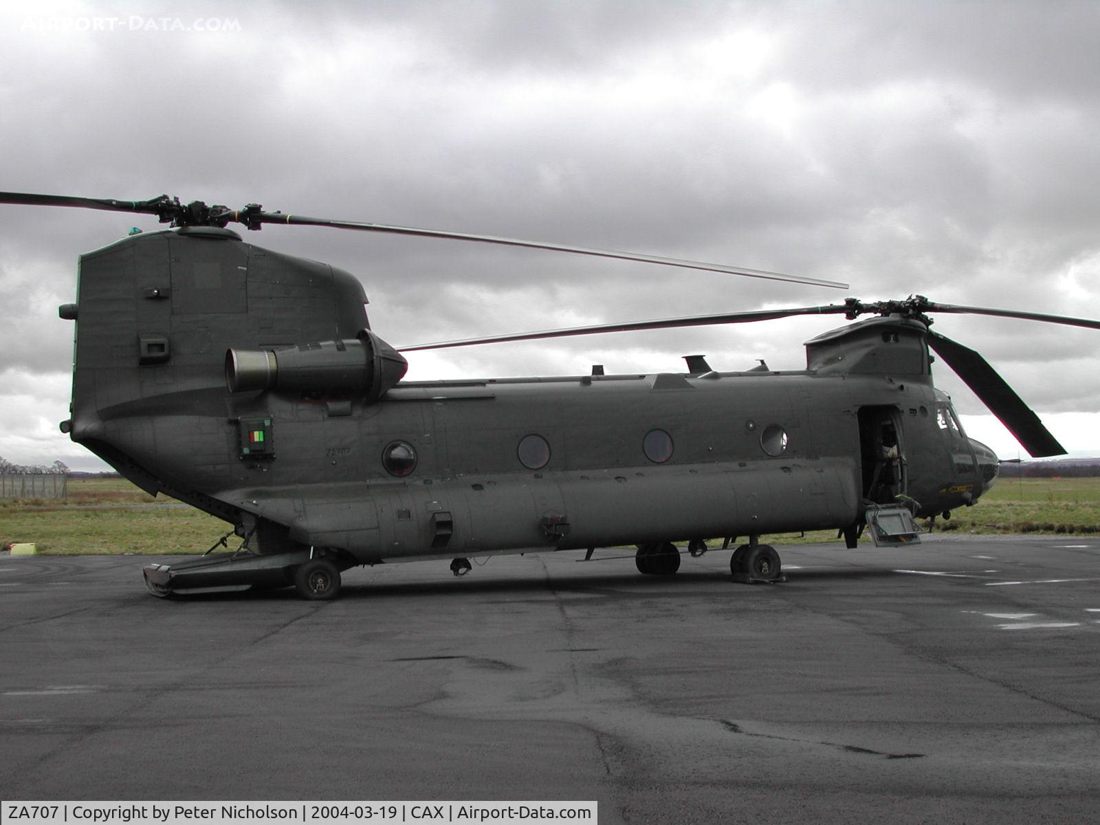 ZA707, Boeing Vertol Chinook HC.2 C/N M/A019/B-837/M7025, Chinook HC.2, Callsign Vortex 395, of 27 Squadron on a visit to Carlisle in the Spring of 2004.