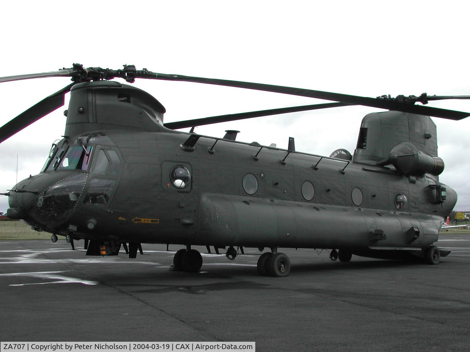 ZA707, Boeing Vertol Chinook HC.2 C/N M/A019/B-837/M7025, Chinook HC.2, Callsign Vortex 395, of 27 Squadron on a visit to Carlisle in the Spring of 2004.