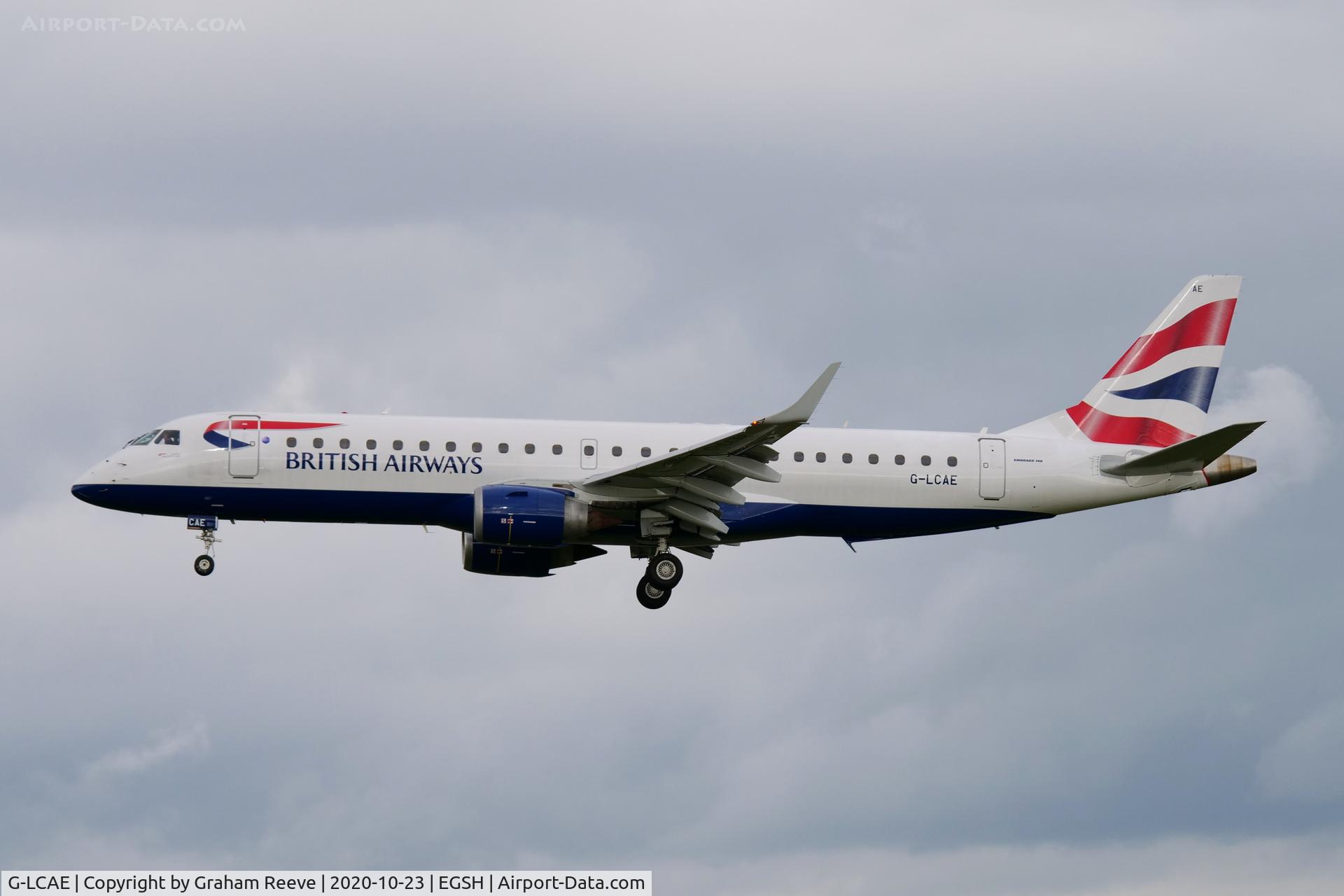 G-LCAE, 2012 Embraer ERJ 190-100LR C/N 19000539, Landing at Norwich.