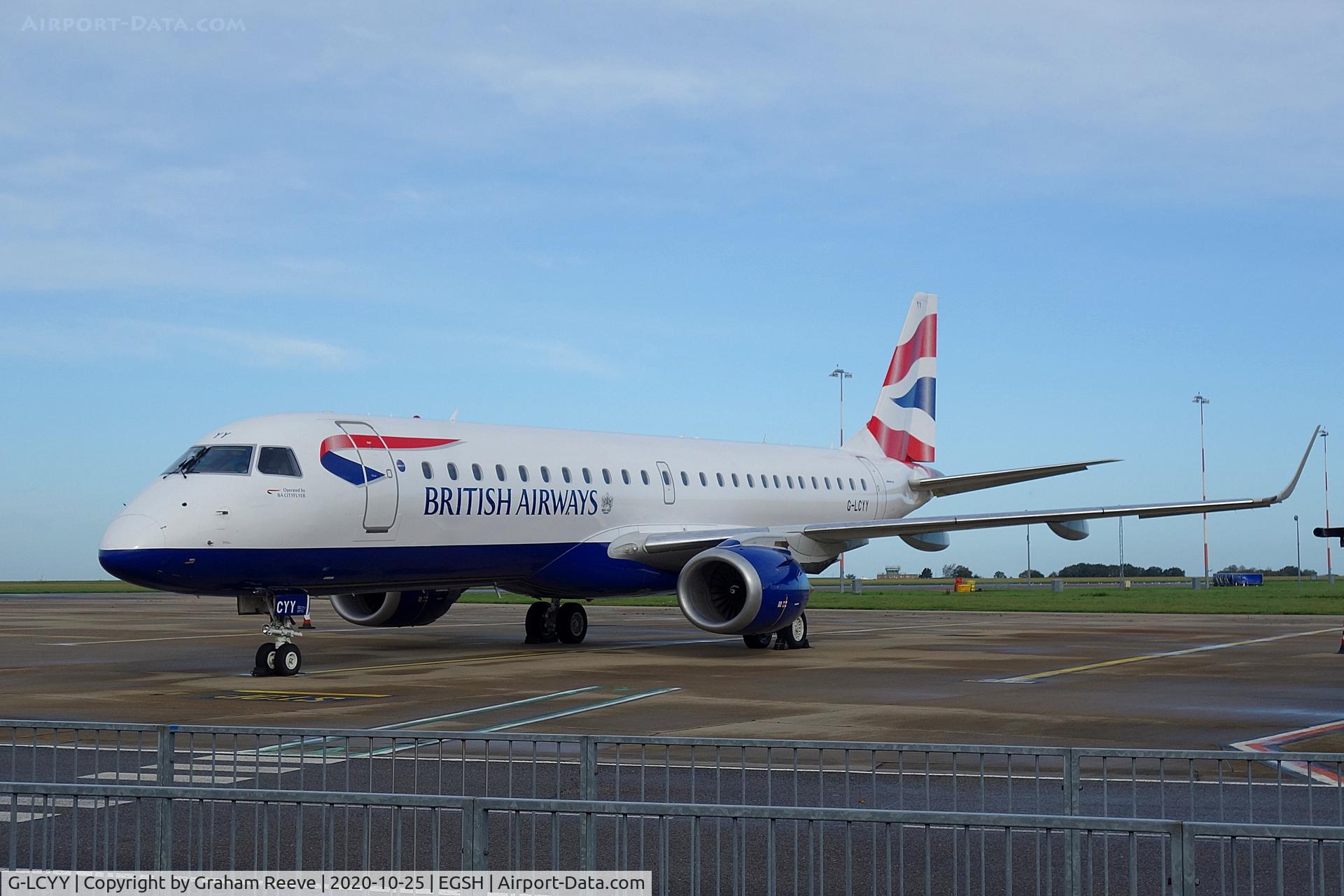 G-LCYY, 2008 Embraer 190LR (ERJ-190-100LR) C/N 19000189, On stand at Norwich.