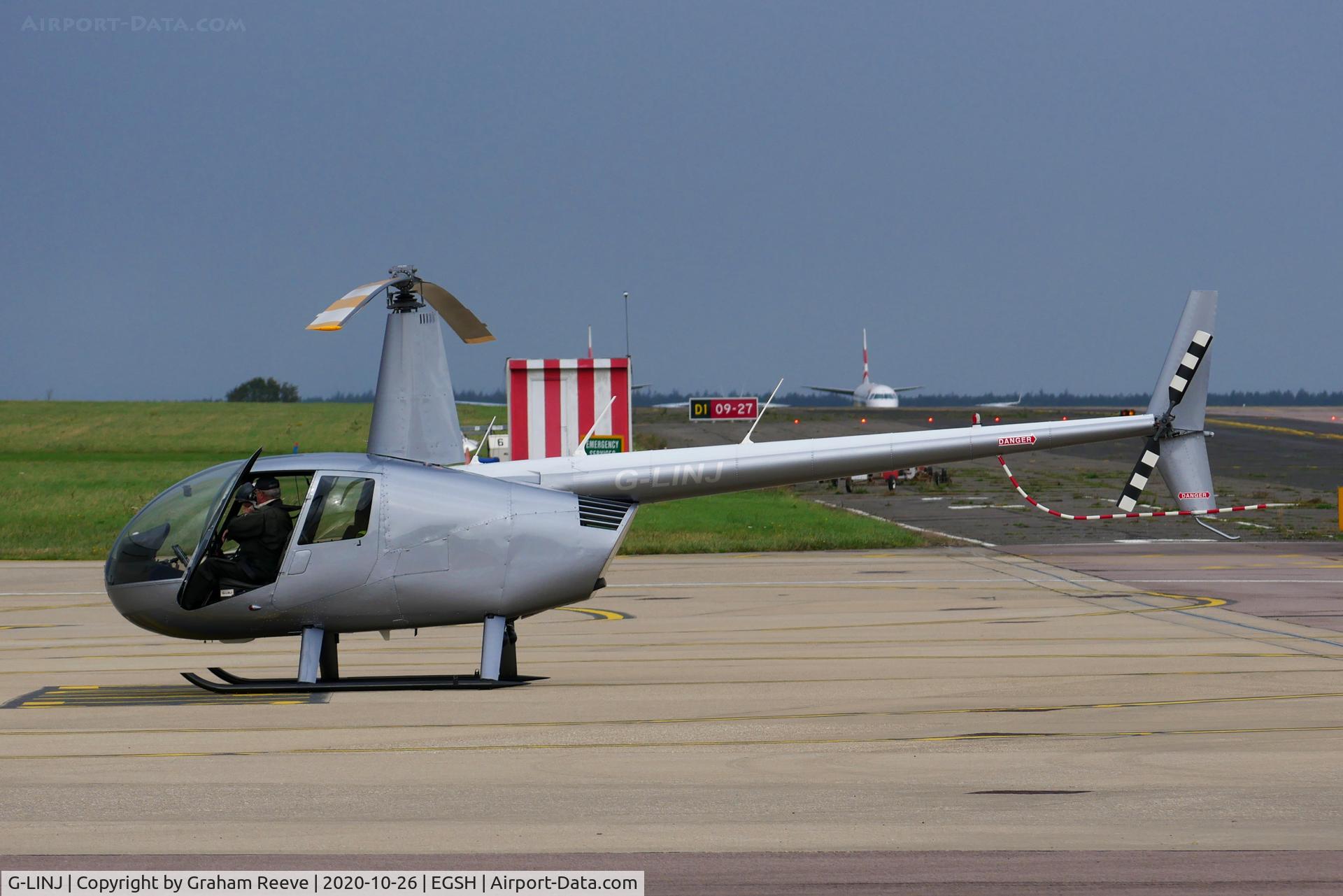 G-LINJ, 2008 Robinson R44 Raven II C/N 12168, About to depart from Norwich.