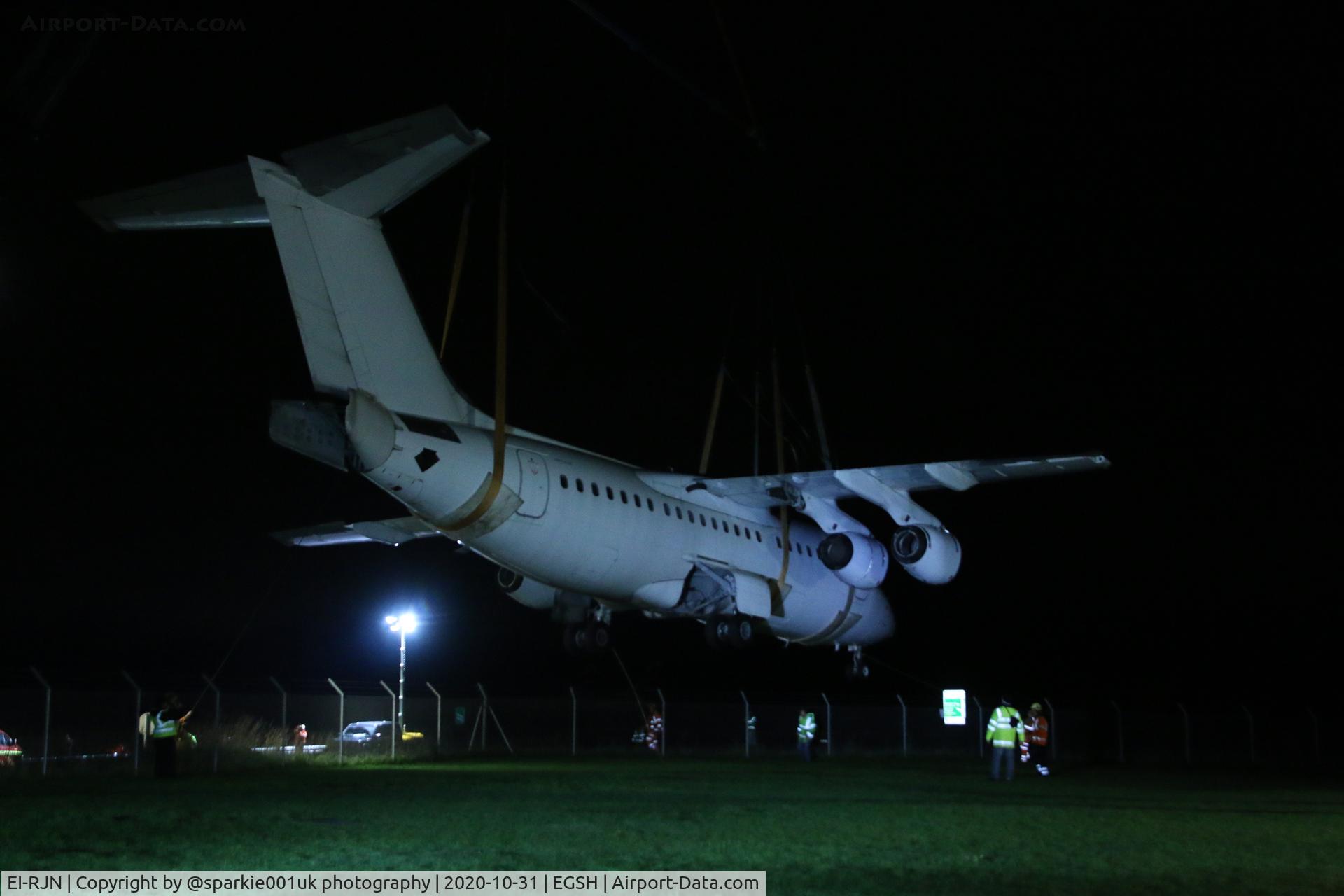 EI-RJN, 1999 BAE Systems Avro 146-RJ85 C/N E.2351, Being lifted into her new home the City of Norwich Aviation Museum
