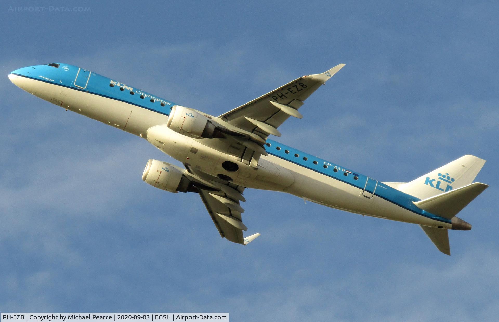 PH-EZB, 2008 Embraer 190LR (ERJ-190-100LR) C/N 19000235, Climbing out of RWY 27 on departure to Amsterdam (AMS).