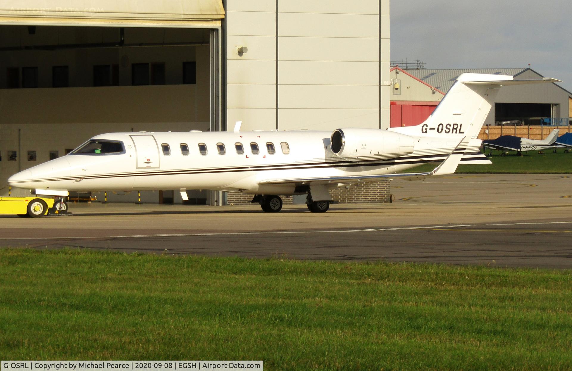 G-OSRL, 2009 Learjet 45 C/N 45-391, Under tow at SaxonAir after arrival from Bournemouth (BOH).
