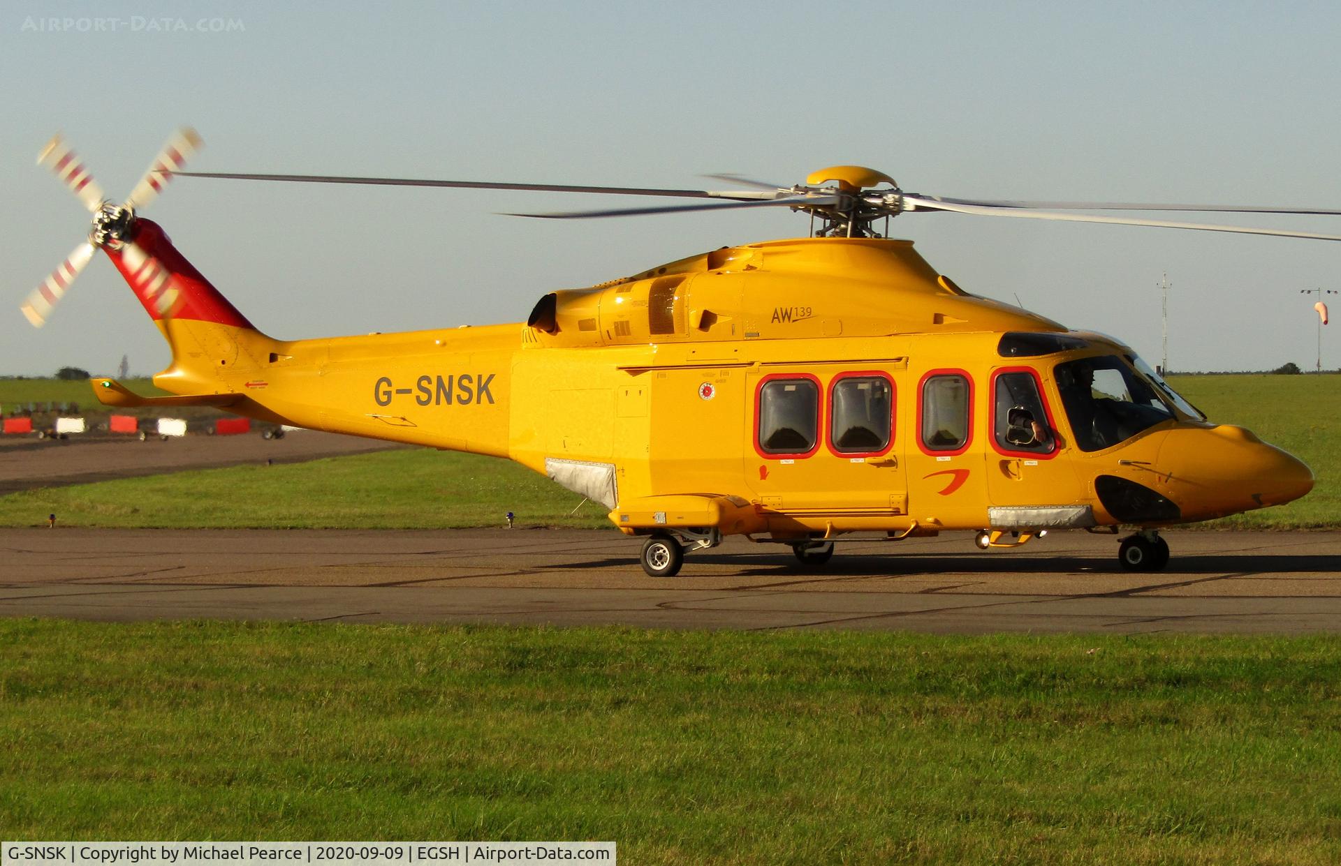G-SNSK, 2013 AgustaWestland AW-139 C/N 41354, Departing to a North Sea gas platform.