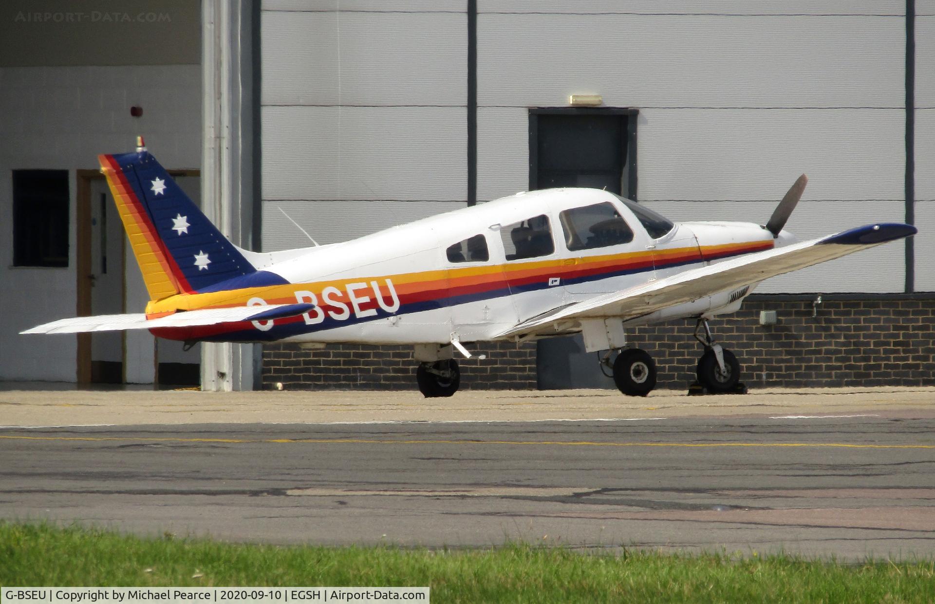 G-BSEU, 1977 Piper PA-28-181 Cherokee Archer II C/N 28-7890108, Parked at SaxonAir on a visit from Shobdon (EGBS).