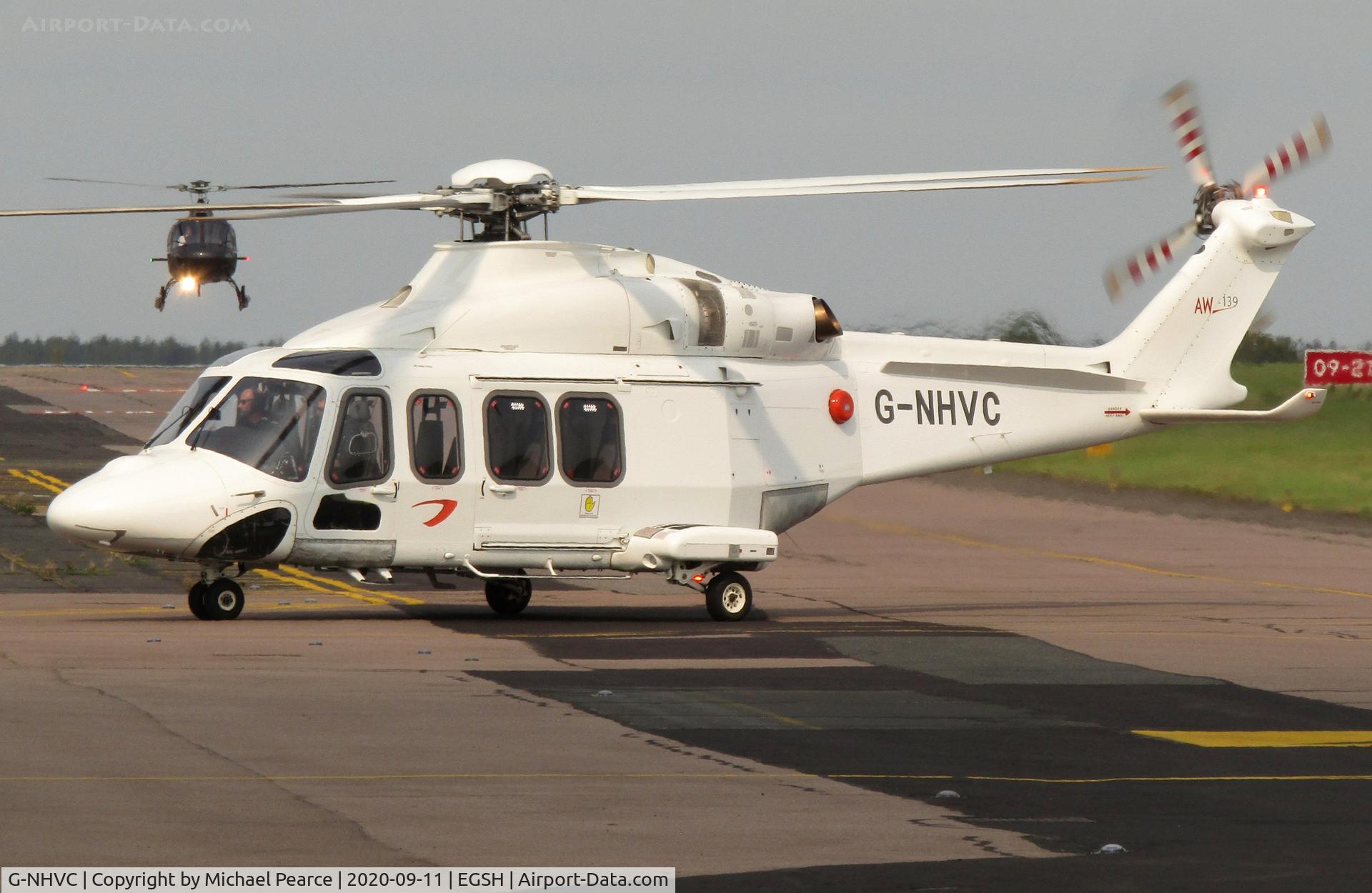 G-NHVC, 2015 AgustaWestland AW-139 C/N 31704, Arriving at SaxonAir from a North Sea gas platform. Note G-KLNM in the background.
