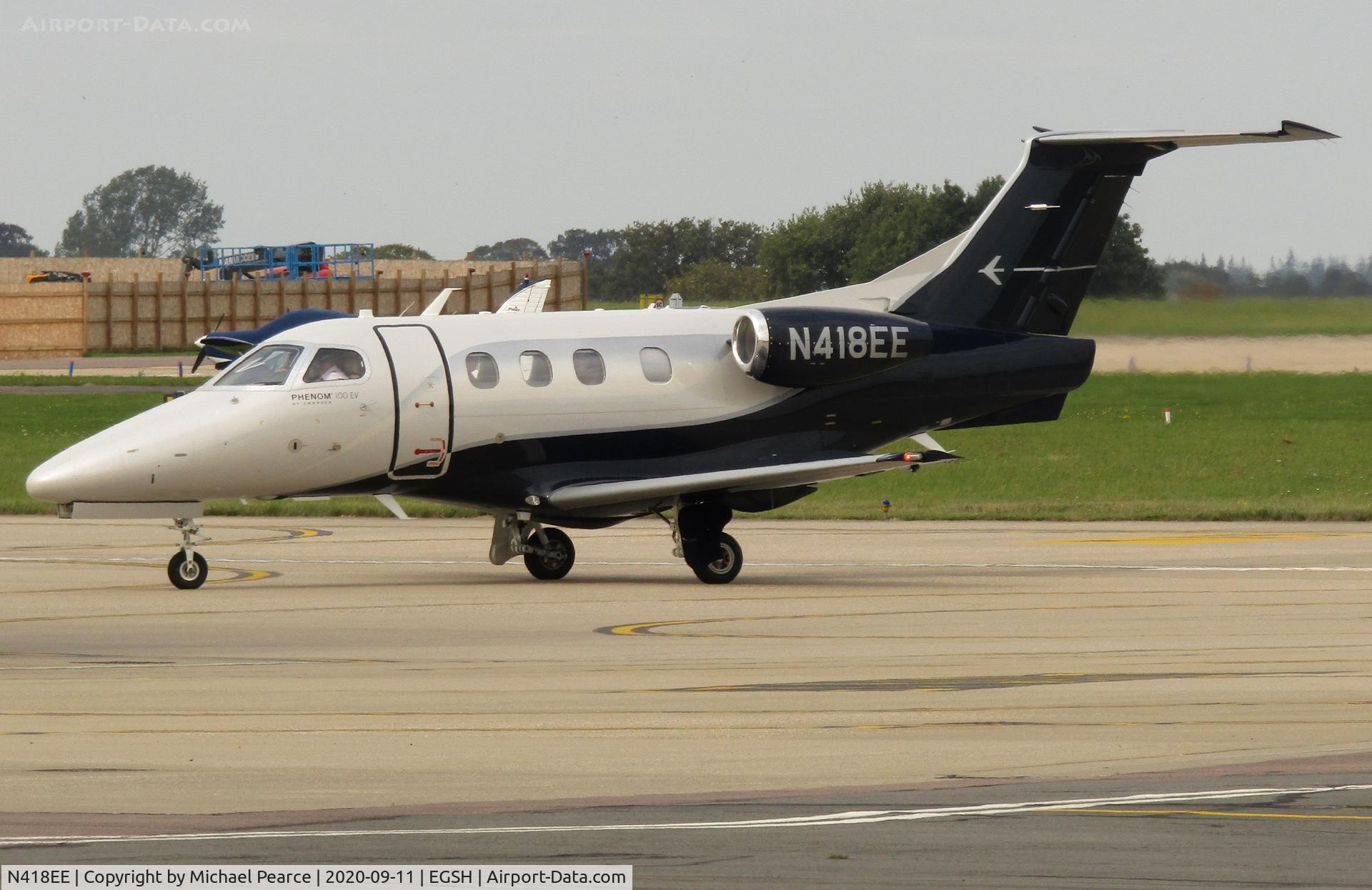 N418EE, 2020 Embraer EMB-500 Phenom 100 C/N 50000418, Arriving at SaxonAir from Southampton (SOU). Phenom demonstrator.