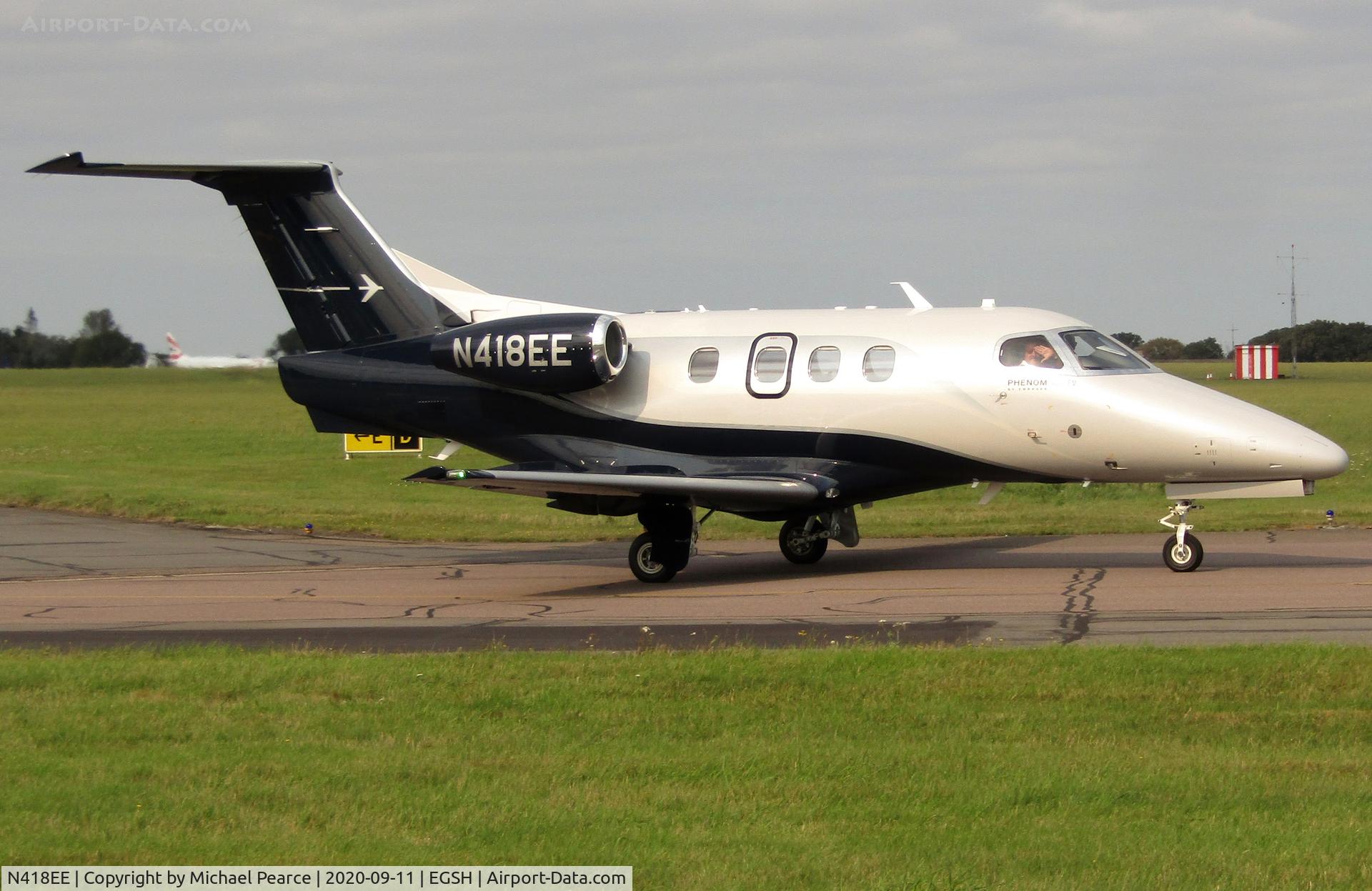 N418EE, 2020 Embraer EMB-500 Phenom 100 C/N 50000418, Departing SaxonAir to Bournemouth (BOH). Phenom demonstrator.