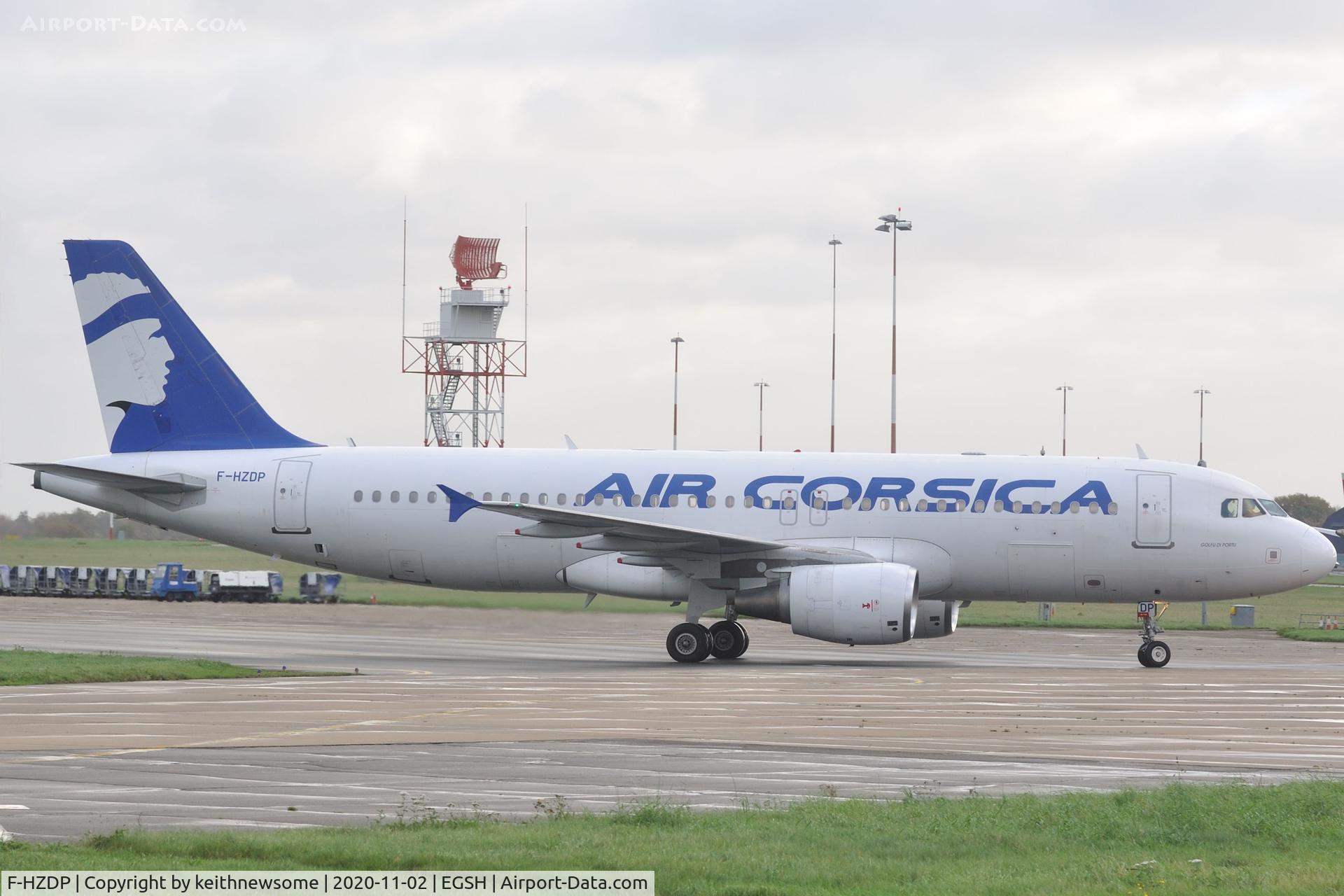 F-HZDP, 2007 Airbus A320-214 C/N 3325, Arriving at Norwich from Corsica.