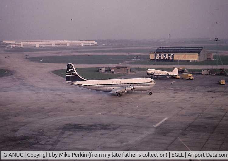G-ANUC, 1949 Boeing 377-10-34 Stratocruiser C/N 15971, Stratocruiser G-ANUC at London Heathrow in its last year of service with BOAC