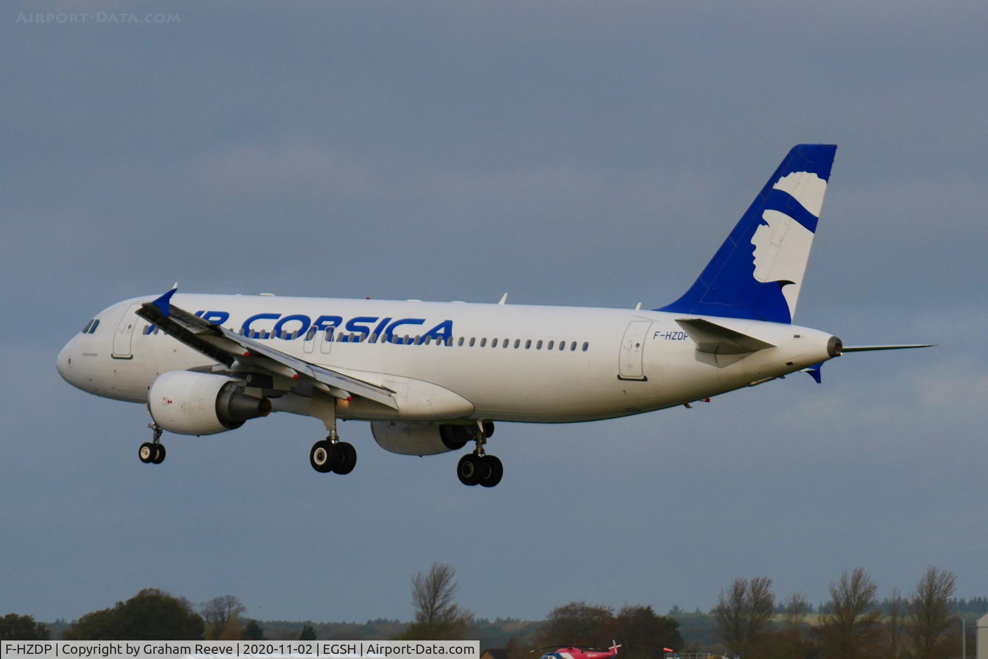 F-HZDP, 2007 Airbus A320-214 C/N 3325, Landing at Norwich.