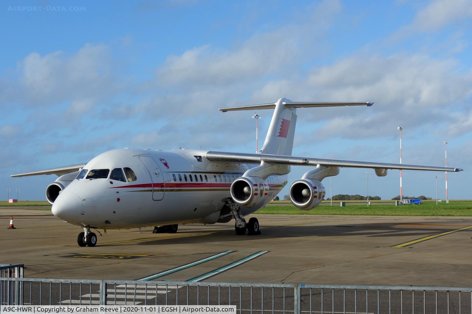 A9C-HWR, 1997 British Aerospace Avro 146-RJ85 C/N E.2306, On stand at Norwich.