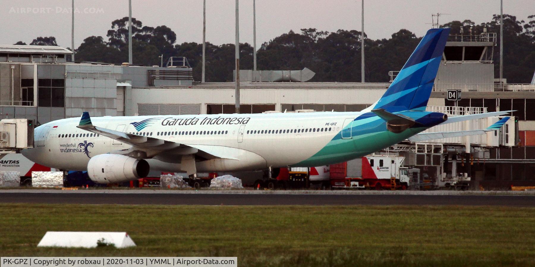 PK-GPZ, 2016 Airbus A330 C/N 1698, 'GPZ at Melbourne Airport bay D6 just after dusk