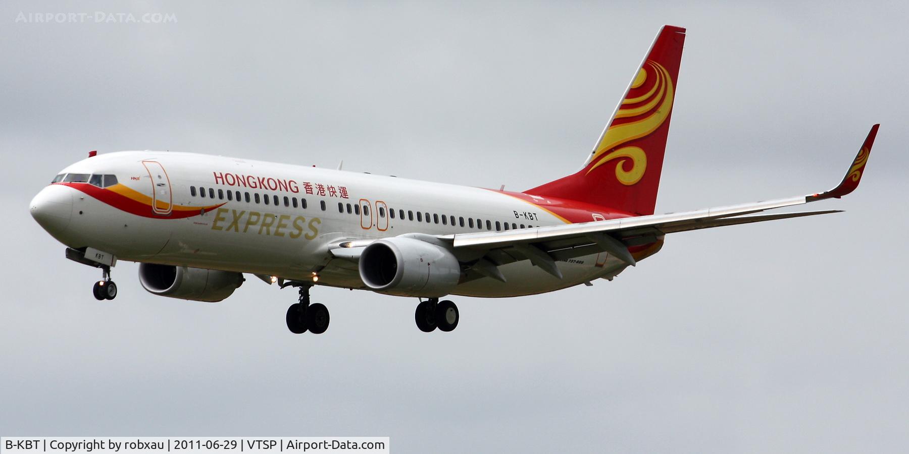 B-KBT, 2010 Boeing 737-84P C/N 37422, Hong Kong Express on short final for runway 27 at Phuket, Thailand