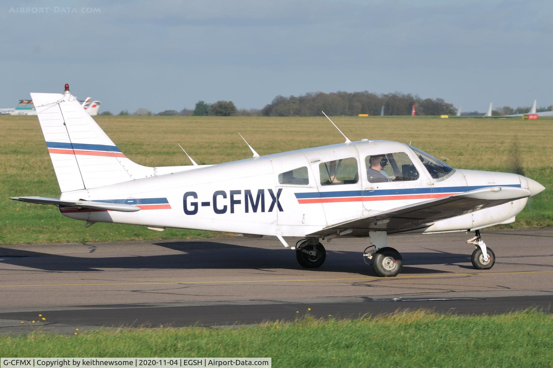 G-CFMX, 1983 Piper PA-28-161 Cherokee Warrior II C/N 28-8316073, Leaving Norwich.