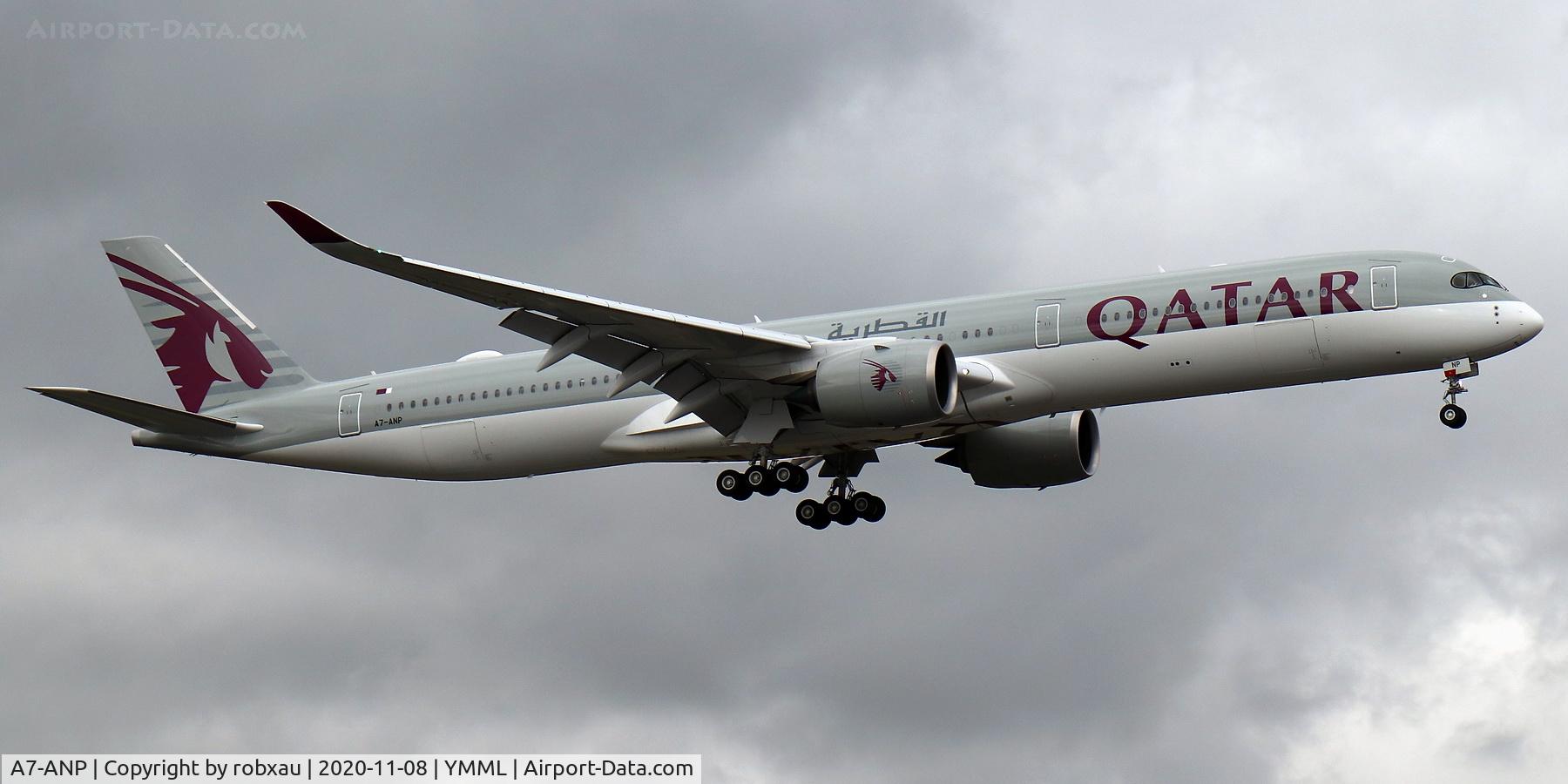 A7-ANP, 2020 Airbus A350-1041 C/N 372, On short final for runway 16 at Melbourne.