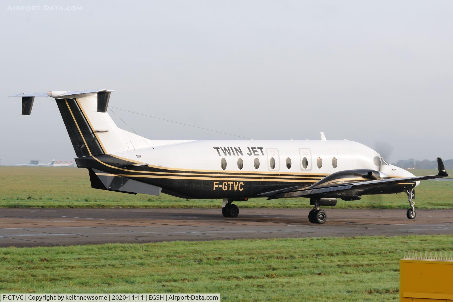 F-GTVC, 1998 Beech 1900D C/N UE-349, Leaving Norwich for Esbjerg, Denmark.