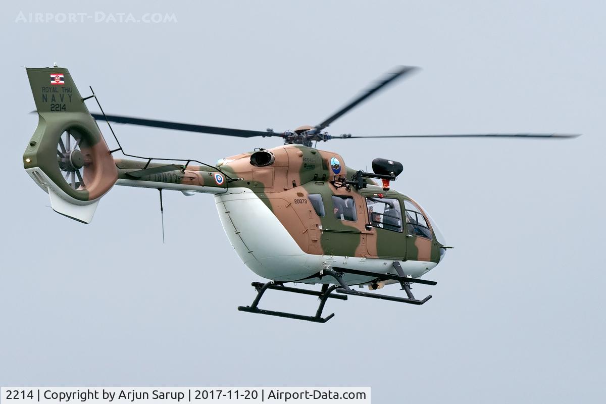 2214, 2016 Airbus Helicopters H-145M C/N 20073, Flying over the sea near Pattaya.  This helicopter belongs to 202 Sqn. “Kaben” based at Rayong U-Tapao.