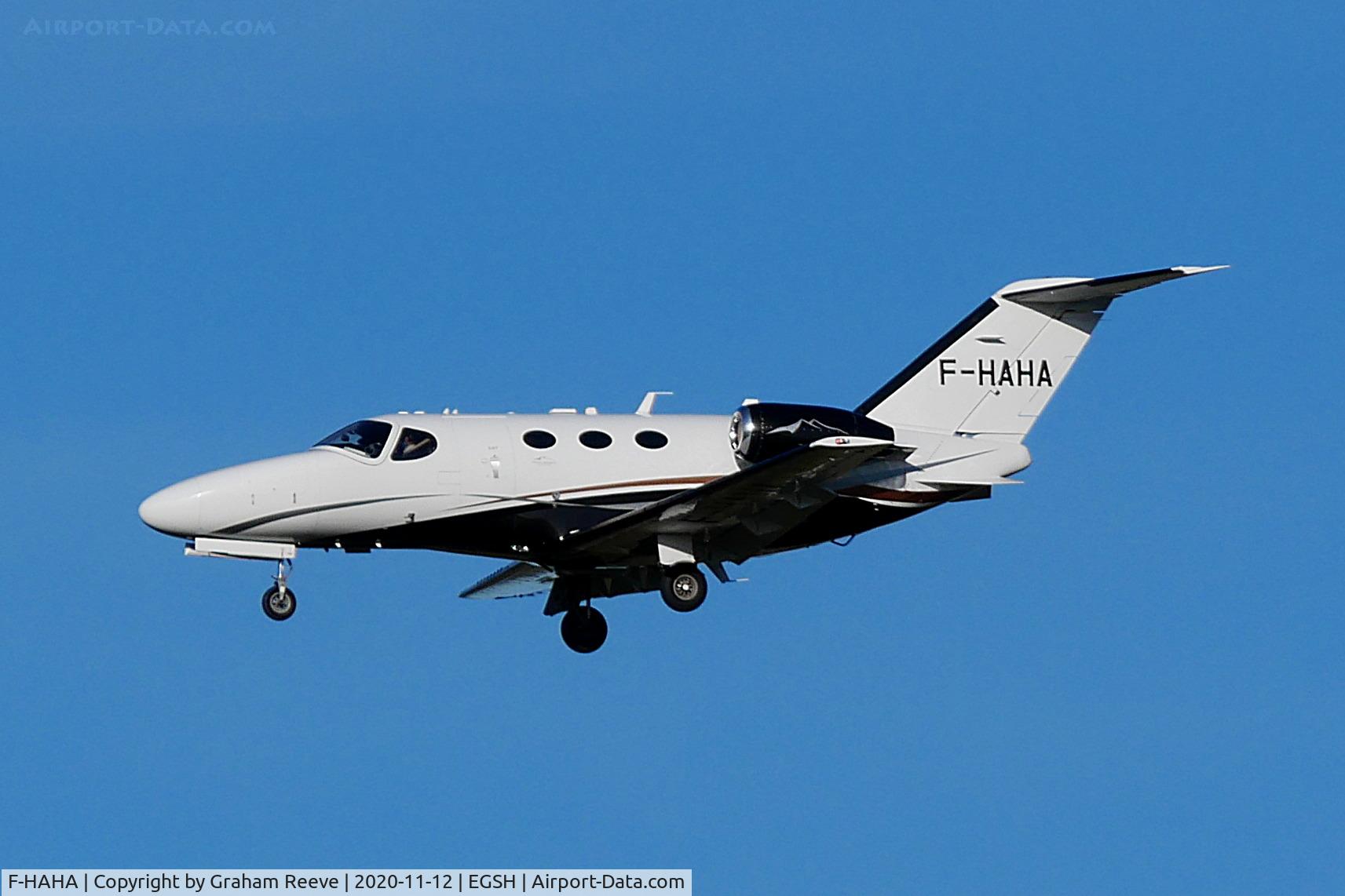 F-HAHA, 2012 Cessna 510 Citation Mustang Citation Mustang C/N 510-0405, On approach to Norwich over Beeston.