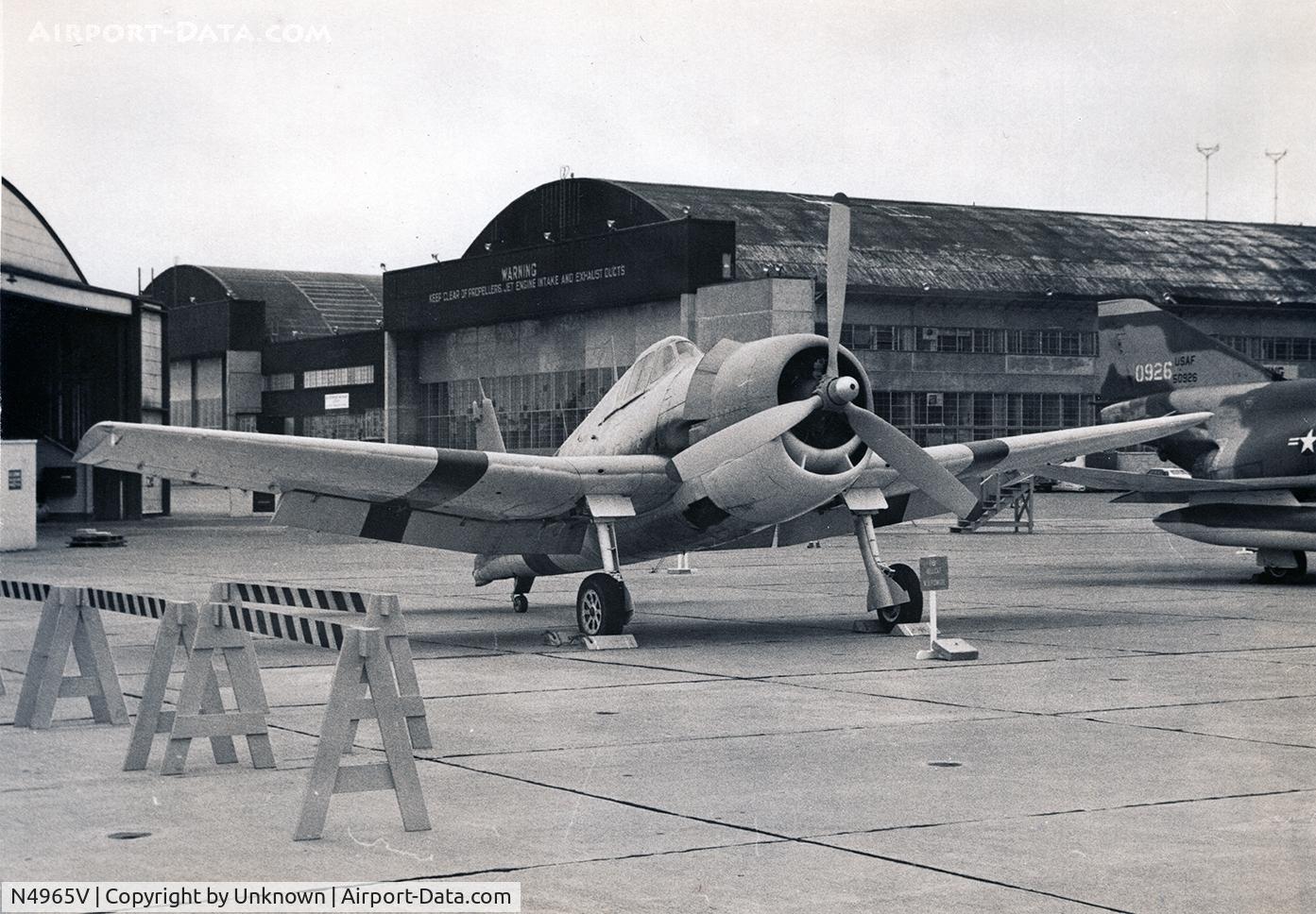 N4965V, Grumman F6F-3 Hellcat C/N 08825, In 2020, found photo inside a copy of The Last Tallyho by Richard Newhafer. Newhafer was a F6F Hellcat pilot in WWII. Photo taken ca. 1964-1966, while owned by Wayne B. Fowler of Shaw Island, WA.