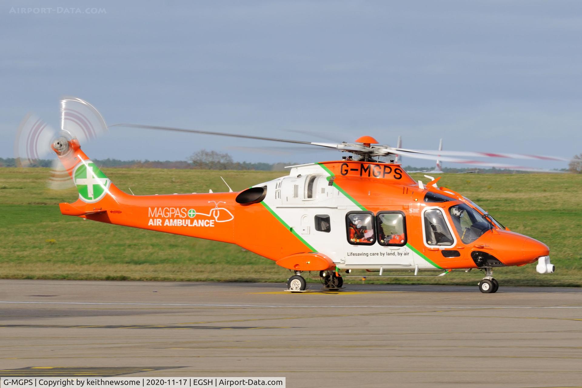 G-MGPS, 2018 Leonardo AW-169 C/N 69077, Leaving Norwich for Cambridgeshire.