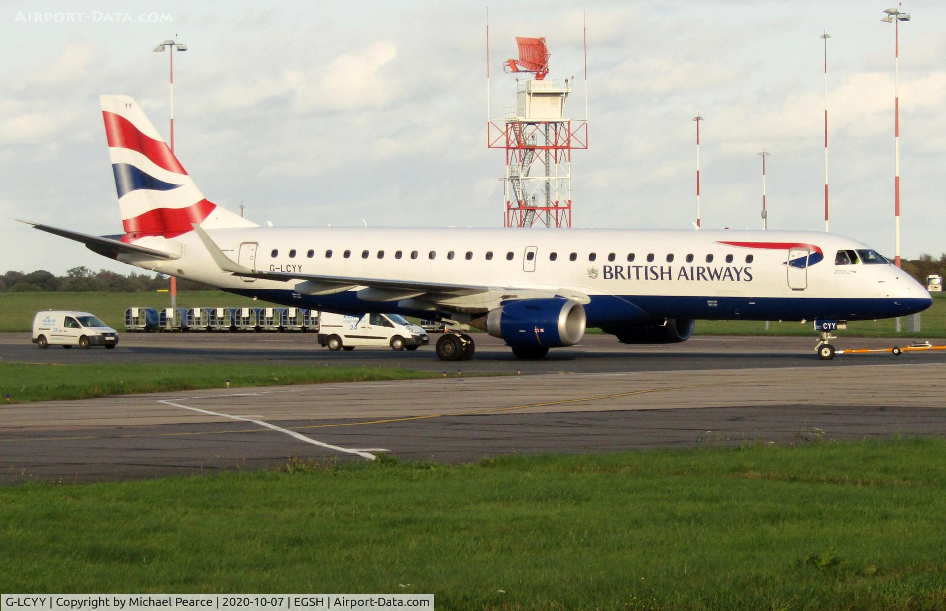 G-LCYY, 2008 Embraer 190LR (ERJ-190-100LR) C/N 19000189, Under tow from North Side during COVID-19 storage.