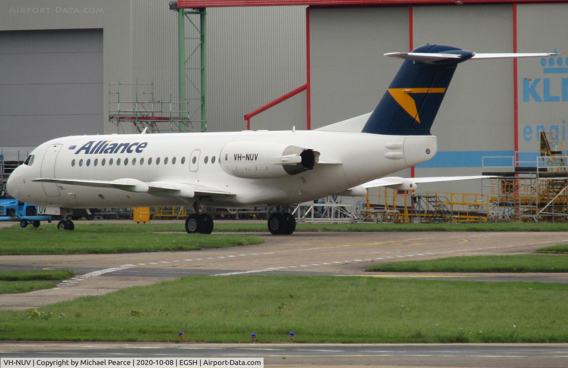 VH-NUV, 1995 Fokker 70 (F-28-0070) C/N 11554, Under tow to KLM UK Engineering to have its engines removed prior to scrapping.